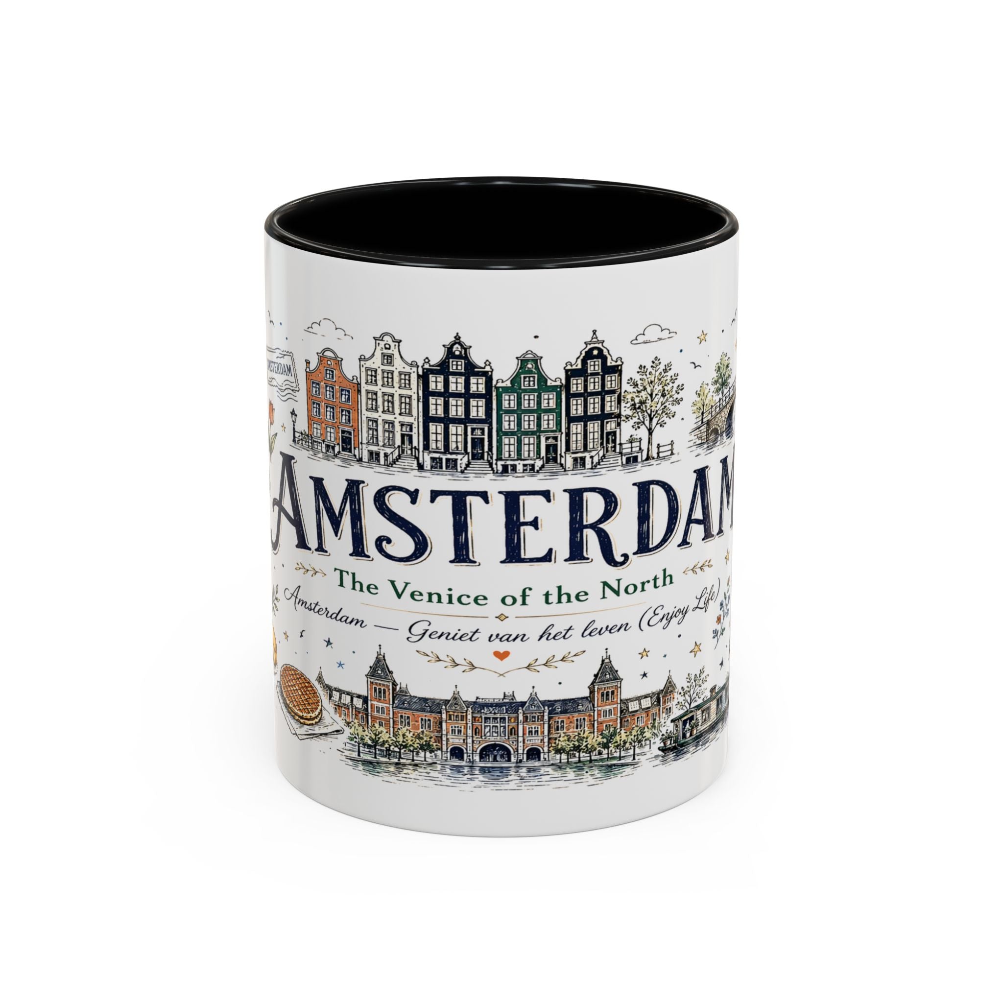 Amsterdam Coffee Mug | Netherlands Souvenir Travel Gift | Accent Color Ceramic 11oz 15oz