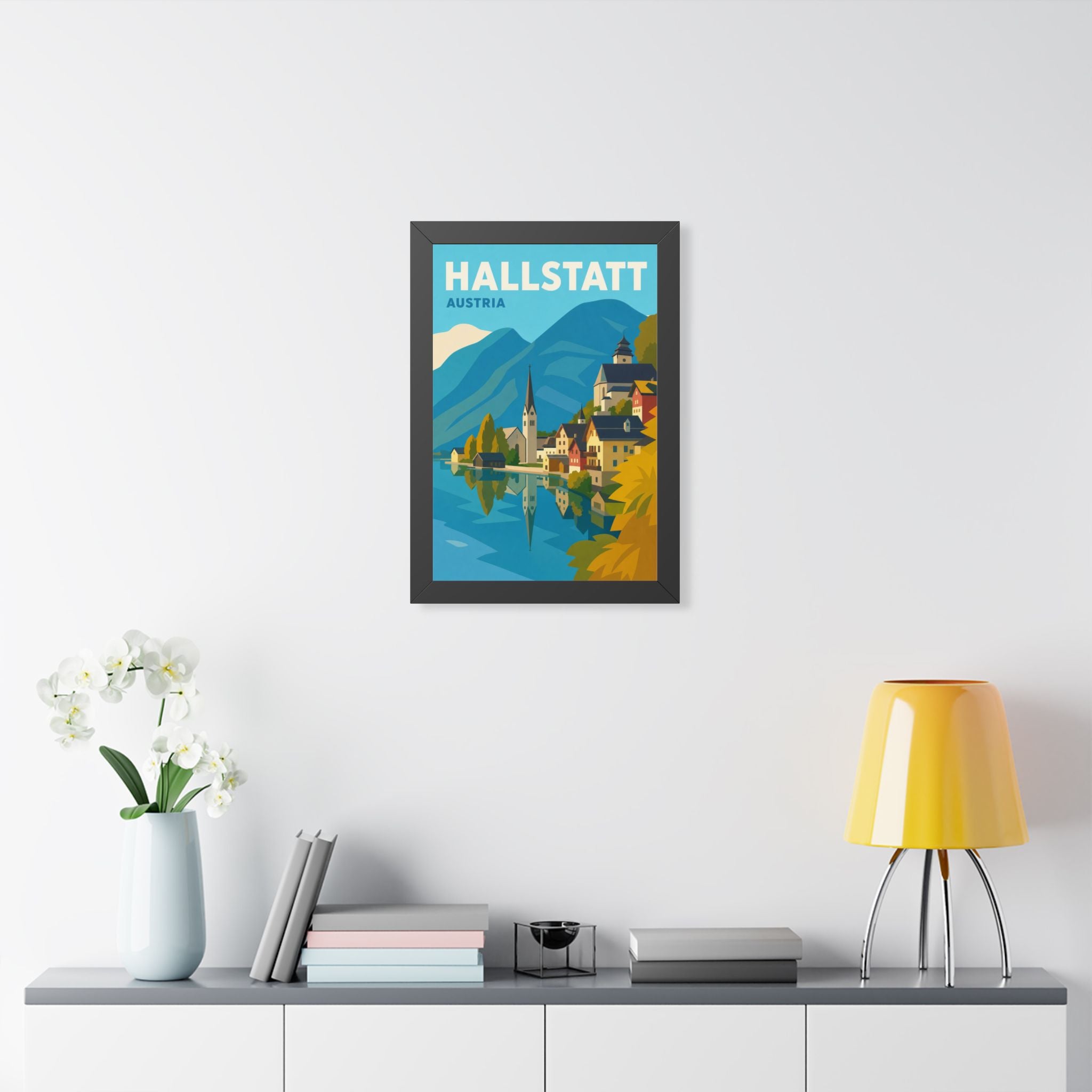 Hallstatt Austria Framed Poster | Vintage Travel Wall Art | Black Walnut White Frame | 16x24 20x30