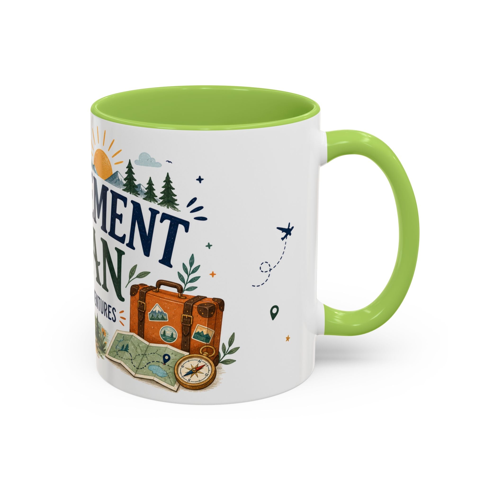 Retirement Plan Coffee And Adventures Mug | Travel Retirement Gift | Accent Color Ceramic 11oz 15oz