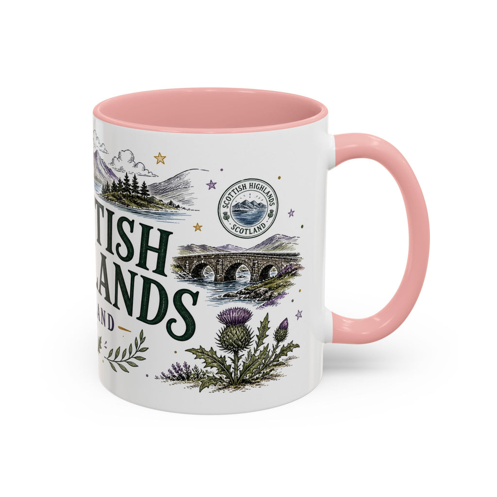 Scottish Highlands Coffee Mug | Travel Destination Souvenir Gift | Accent Color Ceramic 11oz 15oz