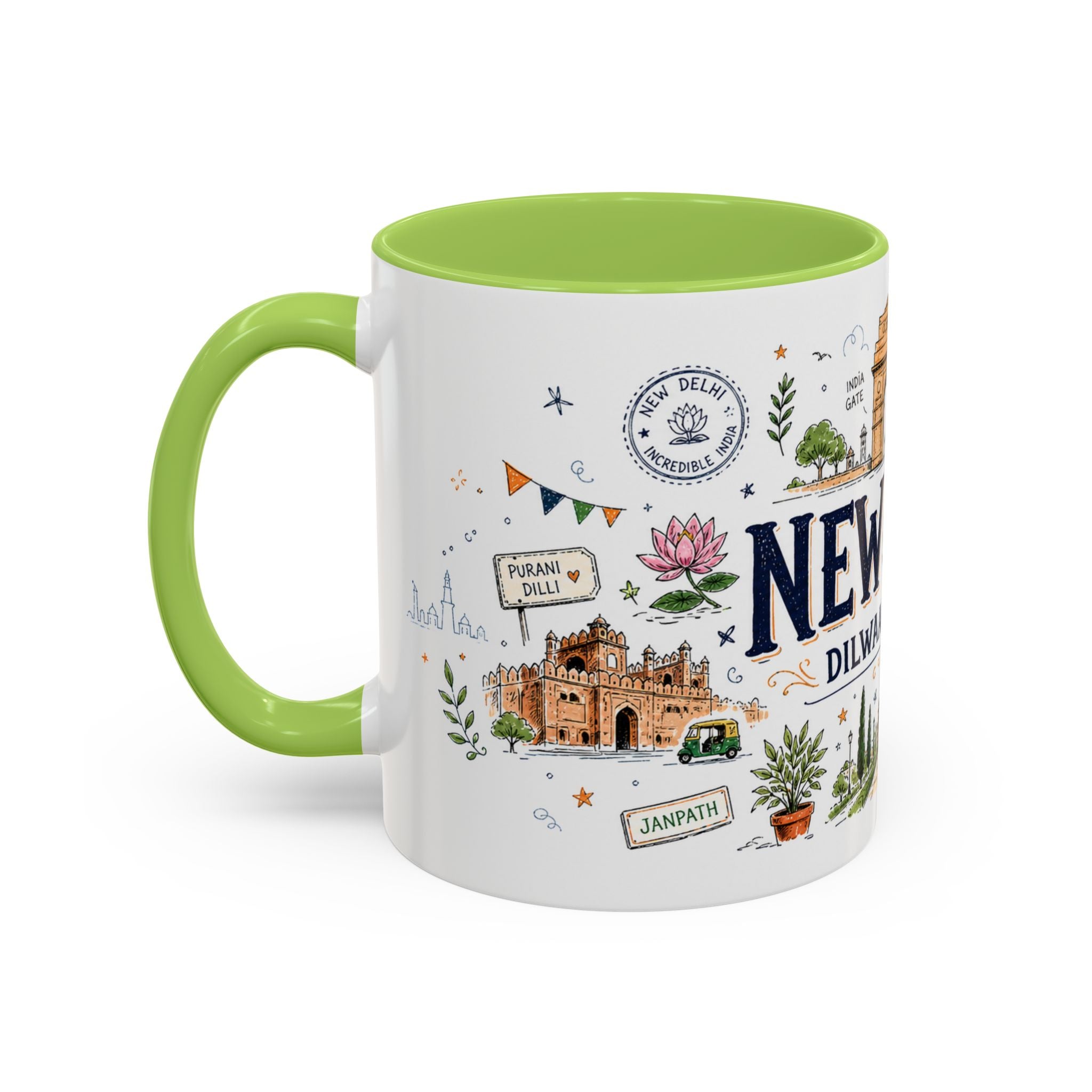 New Delhi Coffee Mug | India Souvenir Travel Gift | Accent Color Ceramic 11oz 15oz