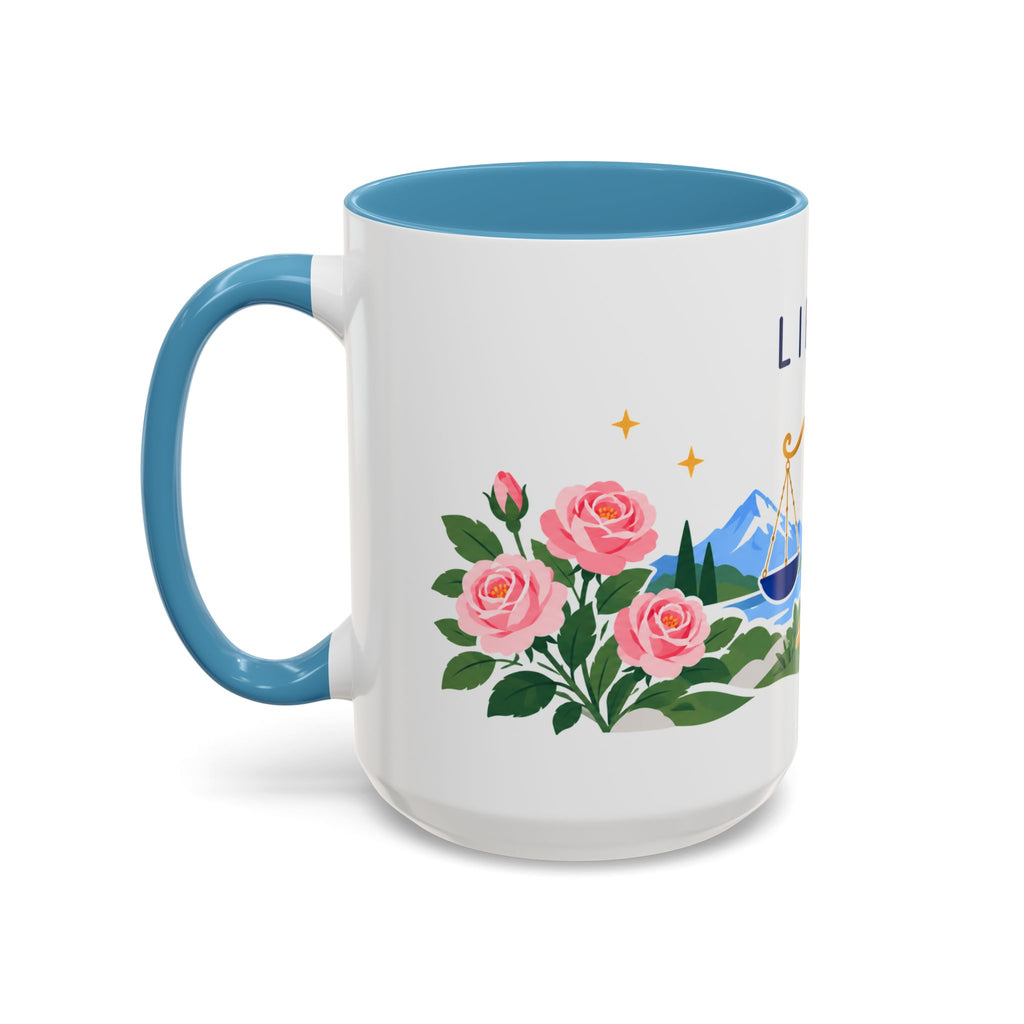 Libra Zodiac Coffee Mug | Scales and Rose Design | Astrology Birthday Gift | 11 oz 15 oz Ceramic Accent Mug