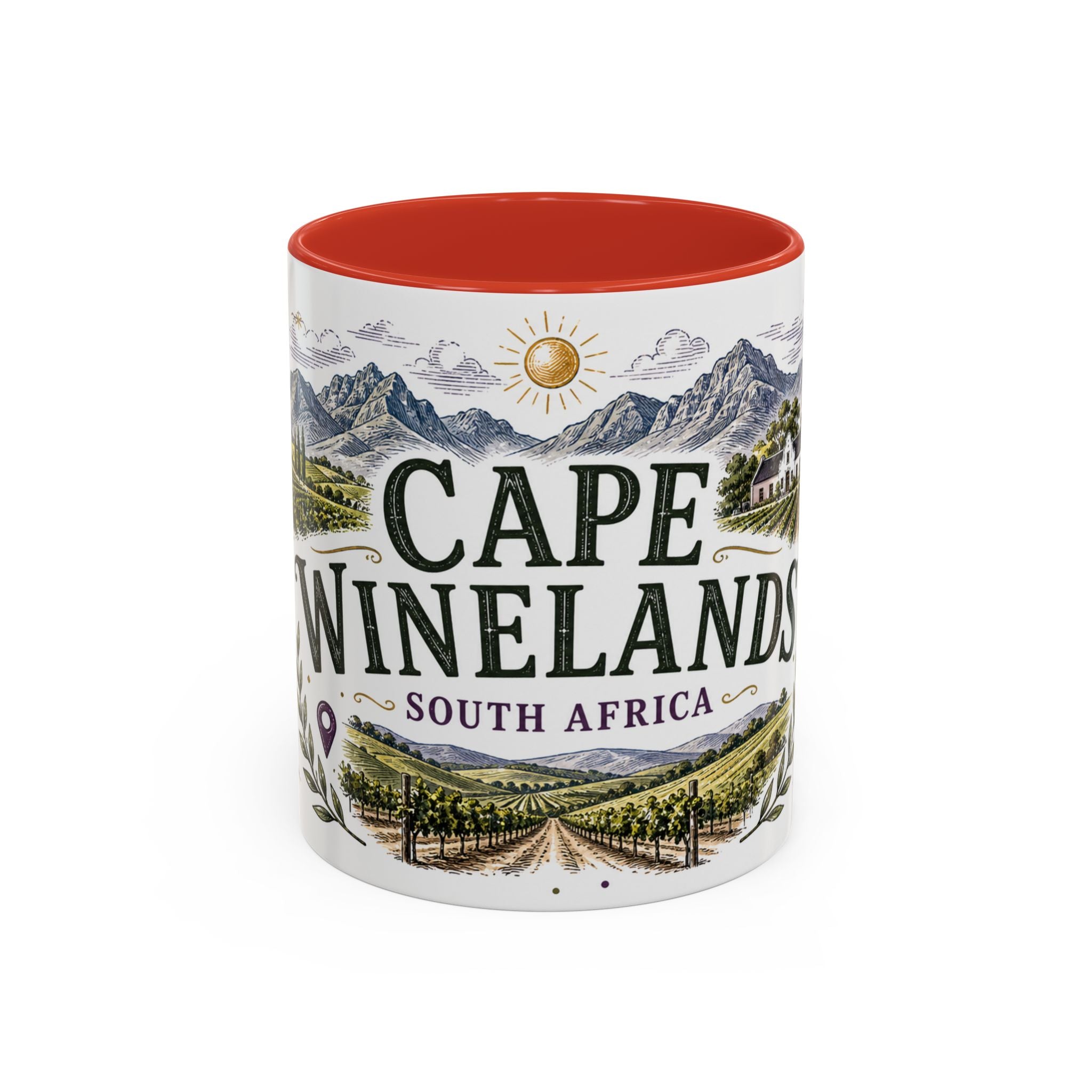 Cape Winelands Coffee Mug | Travel Destination Souvenir Gift | Accent Color Ceramic 11oz 15oz