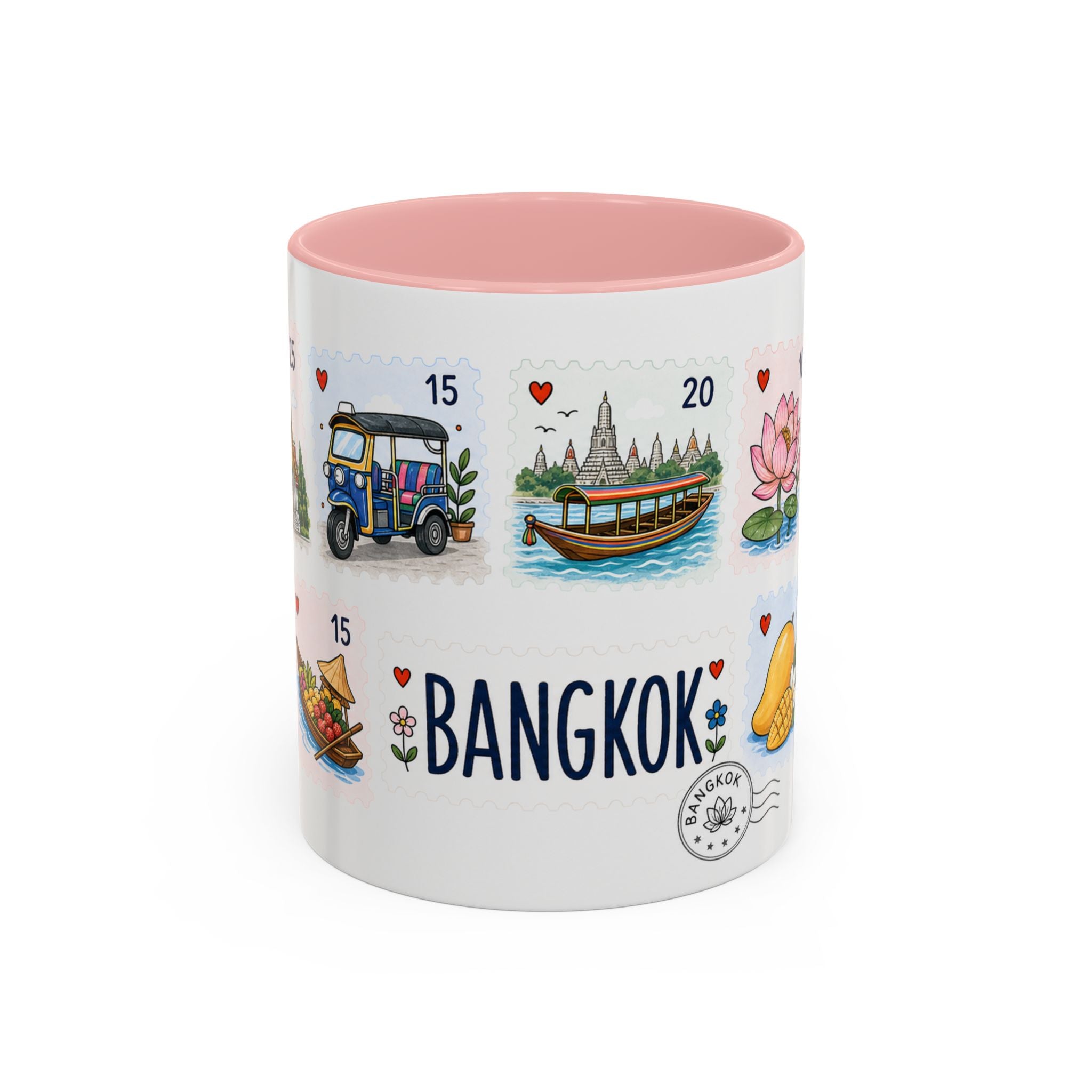 Bangkok Coffee Mug | Postage Stamp Collage Mug | Travel Souvenir Accent Cup 11oz 15oz