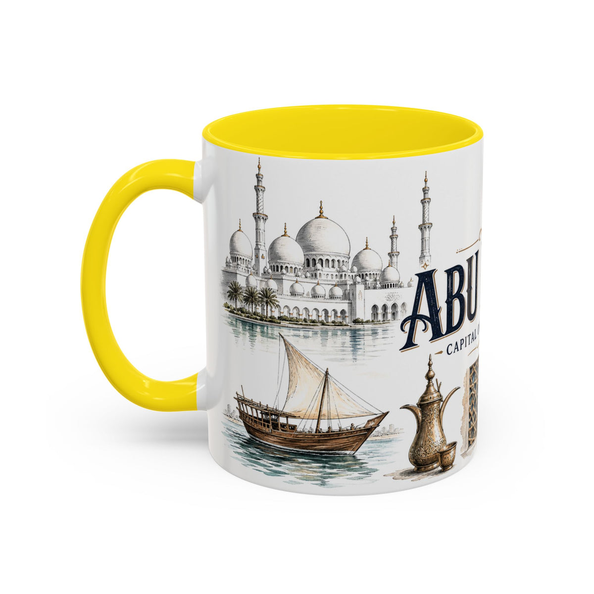 Abu Dhabi Coffee Mug | United Arab Emirates Travel Souvenir | Vintage Illustrated City Gift | 11 oz 15 oz Accent Mug