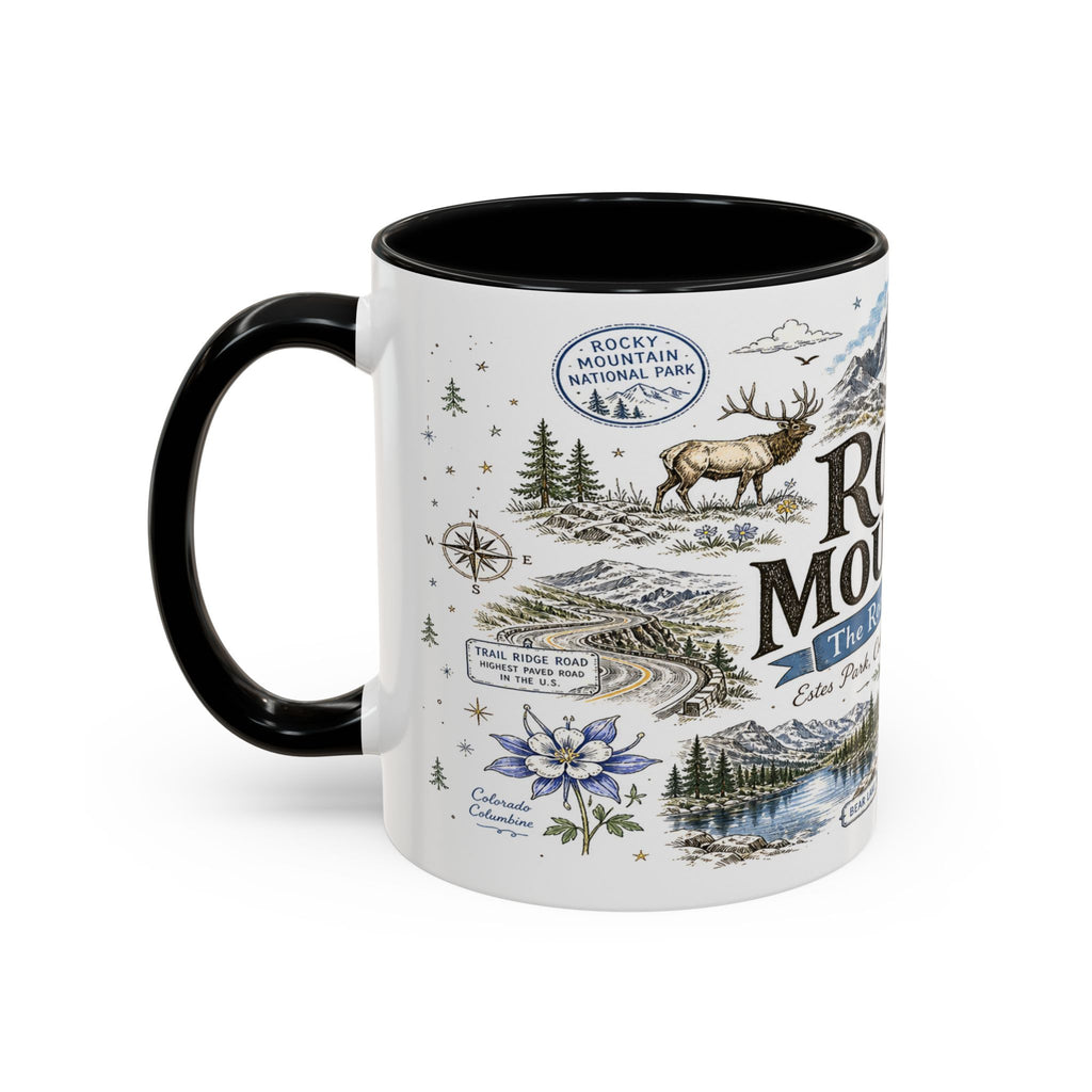 Rocky Mountain Coffee Mug | National Park Hiking Camping Gift | Accent Color Ceramic 11oz 15oz