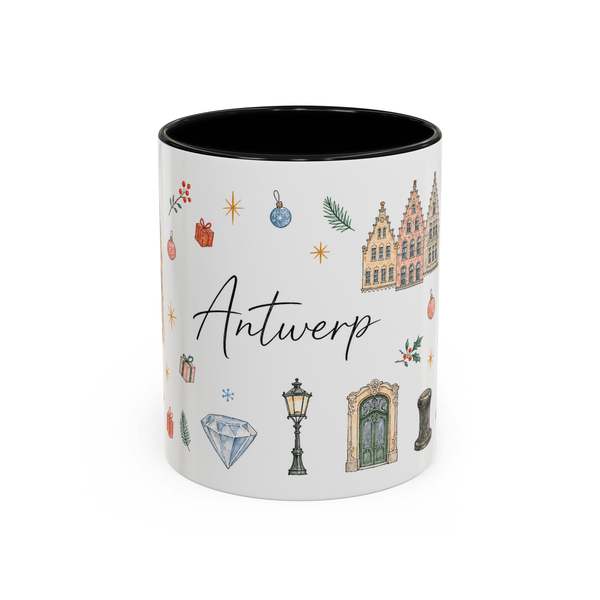 Antwerp Christmas Mug | Watercolor Travel Souvenir | Holiday Gift | Accent Ceramic Coffee Cup 11oz 15oz