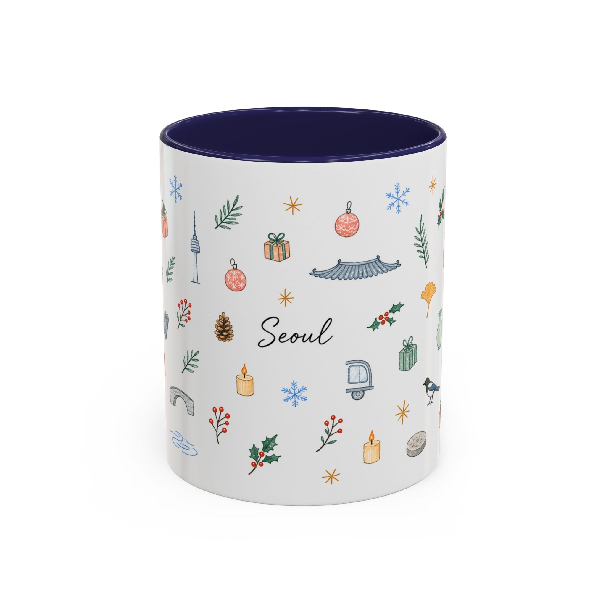 Seoul Christmas Mug | Watercolor Travel Souvenir | Holiday Gift | Accent Ceramic Coffee Cup 11oz 15oz