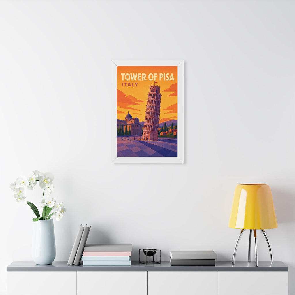 Leaning Tower of Pisa Italy Framed Poster | Vintage Travel Wall Art | Black Walnut White Frame | 16x24 20x30