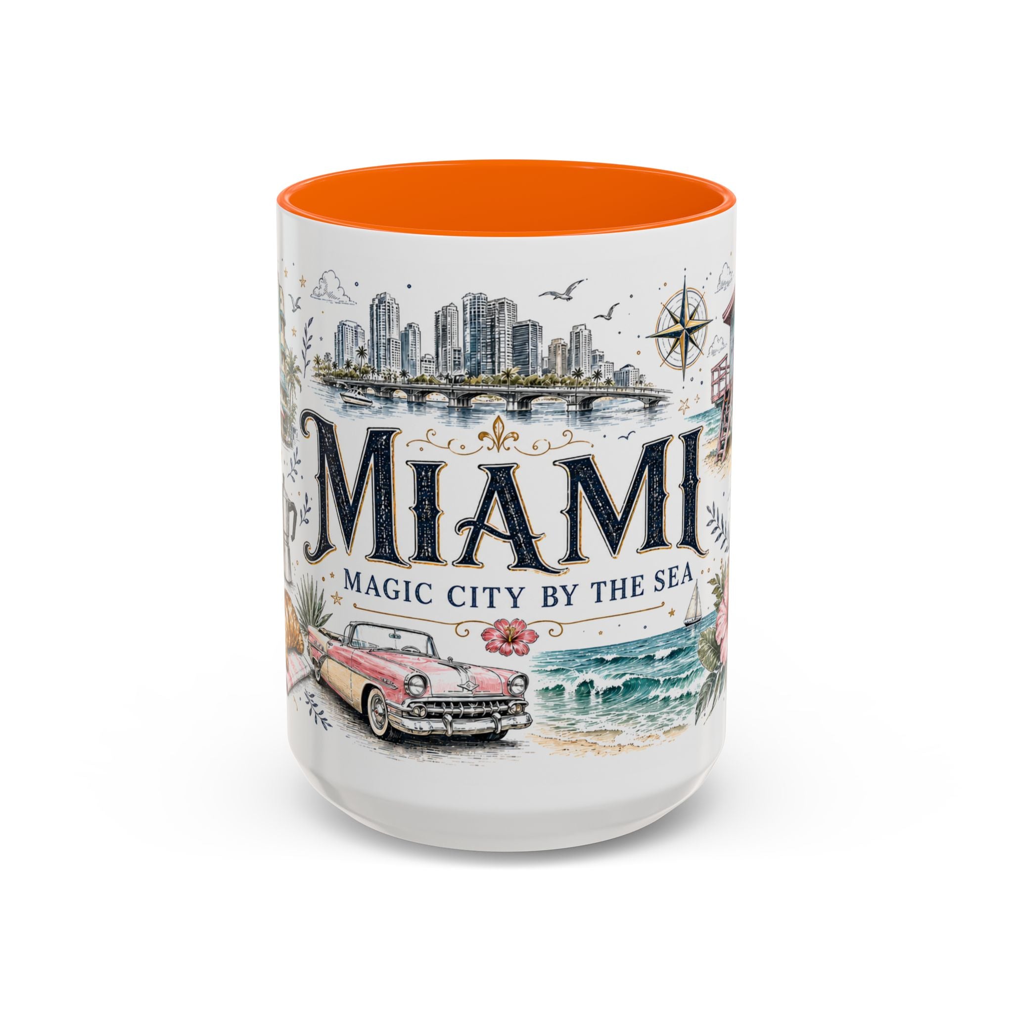 Miami Coffee Mug | United States Travel Souvenir | Vintage Illustrated City Gift | 11 oz 15 oz Accent Mug