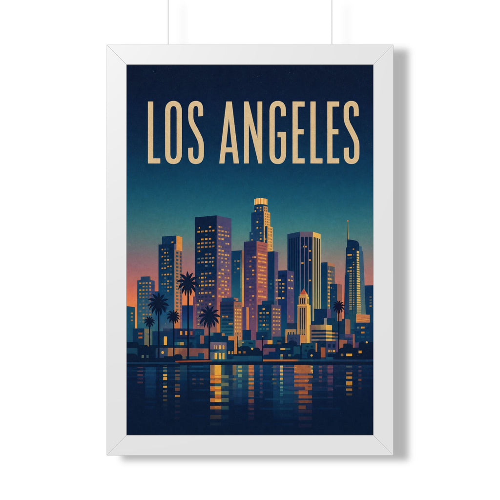 Los Angeles at Night United States Framed Poster | Vintage Travel Wall Art | Black Walnut White Frame | 16x24 20x30