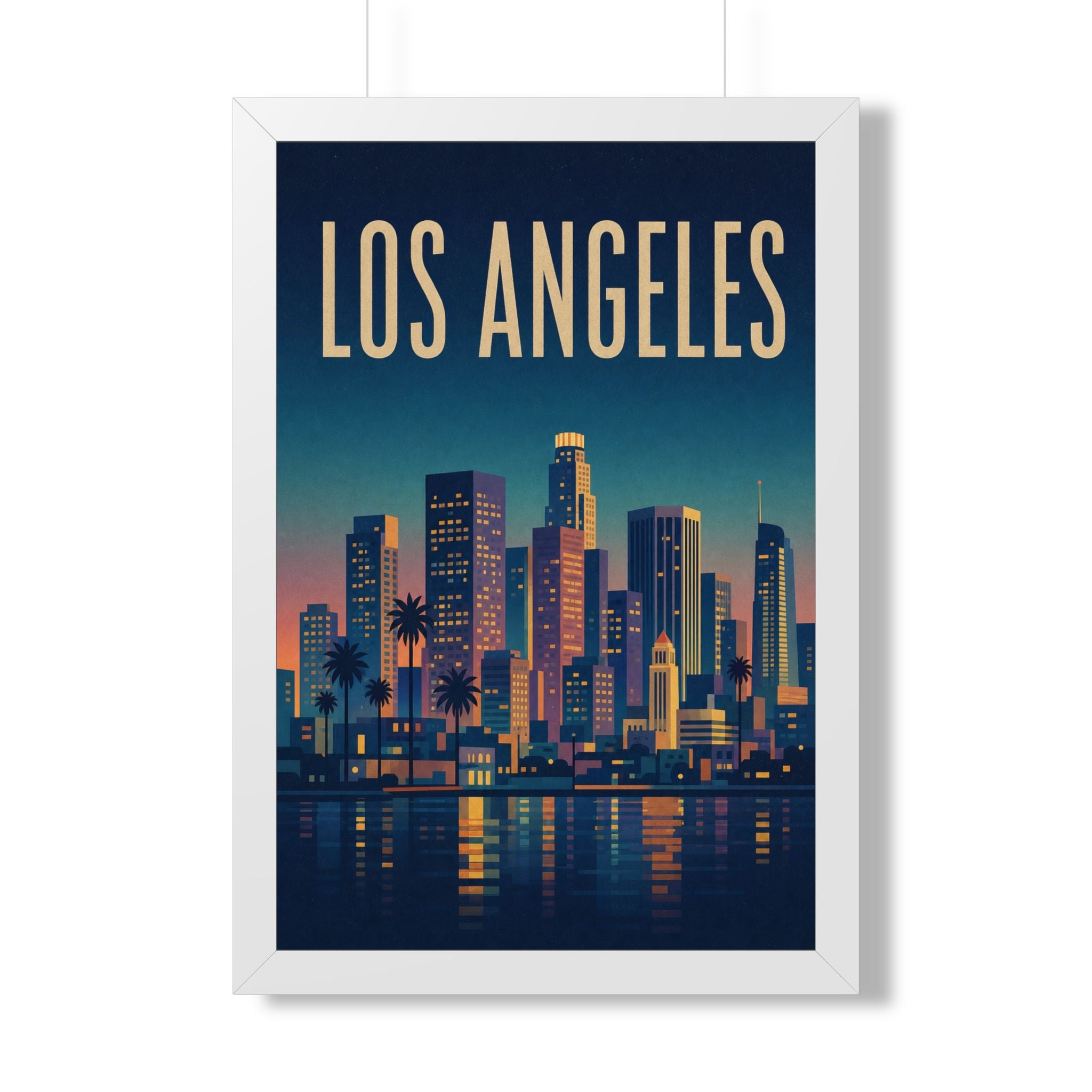 Los Angeles at Night United States Framed Poster | Vintage Travel Wall Art | Black Walnut White Frame | 16x24 20x30