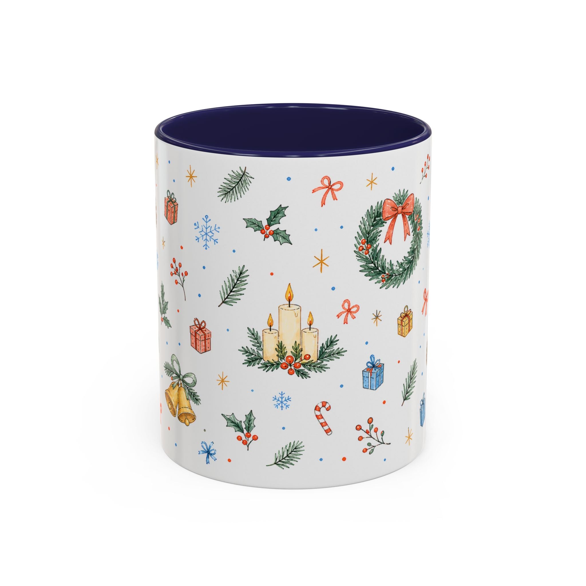 Christmas Candle Mug | Holly Wreath Watercolor Holiday Gift | Accent Cup 11oz 15oz