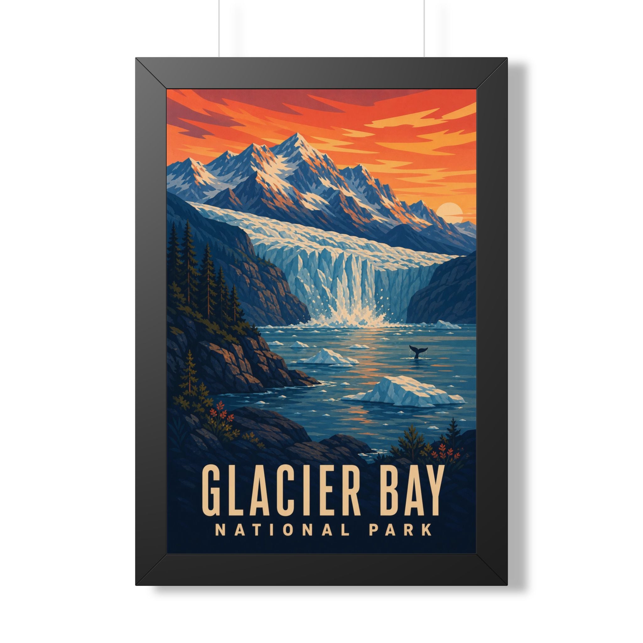 Glacier Bay National Park Framed Poster | Vintage Travel Wall Art | Black Walnut White Frame | 16x24 20x30