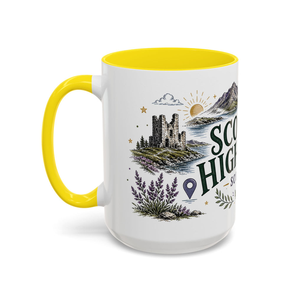 Scottish Highlands Coffee Mug | Travel Destination Souvenir Gift | Accent Color Ceramic 11oz 15oz