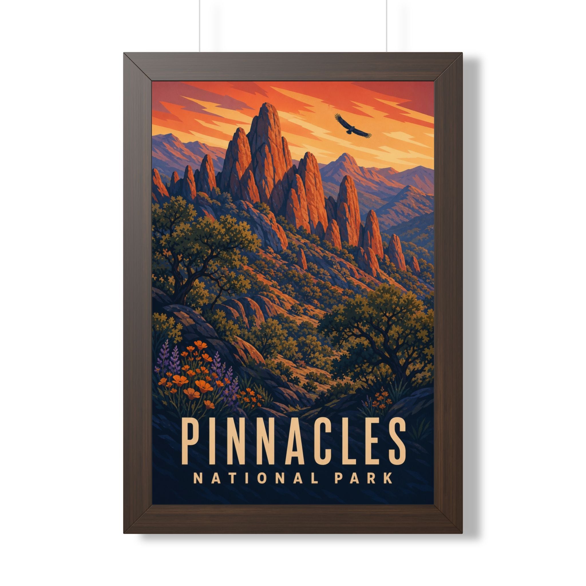 Pinnacles National Park Framed Poster | Vintage Travel Wall Art | Black Walnut White Frame | 16x24 20x30