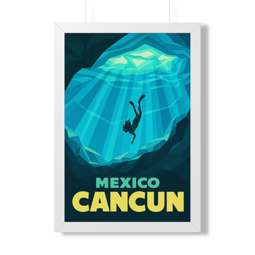 Cancún Cenote Mexico Framed Poster | Vintage Travel Wall Art | Black Walnut White Frame | 16x24 20x30