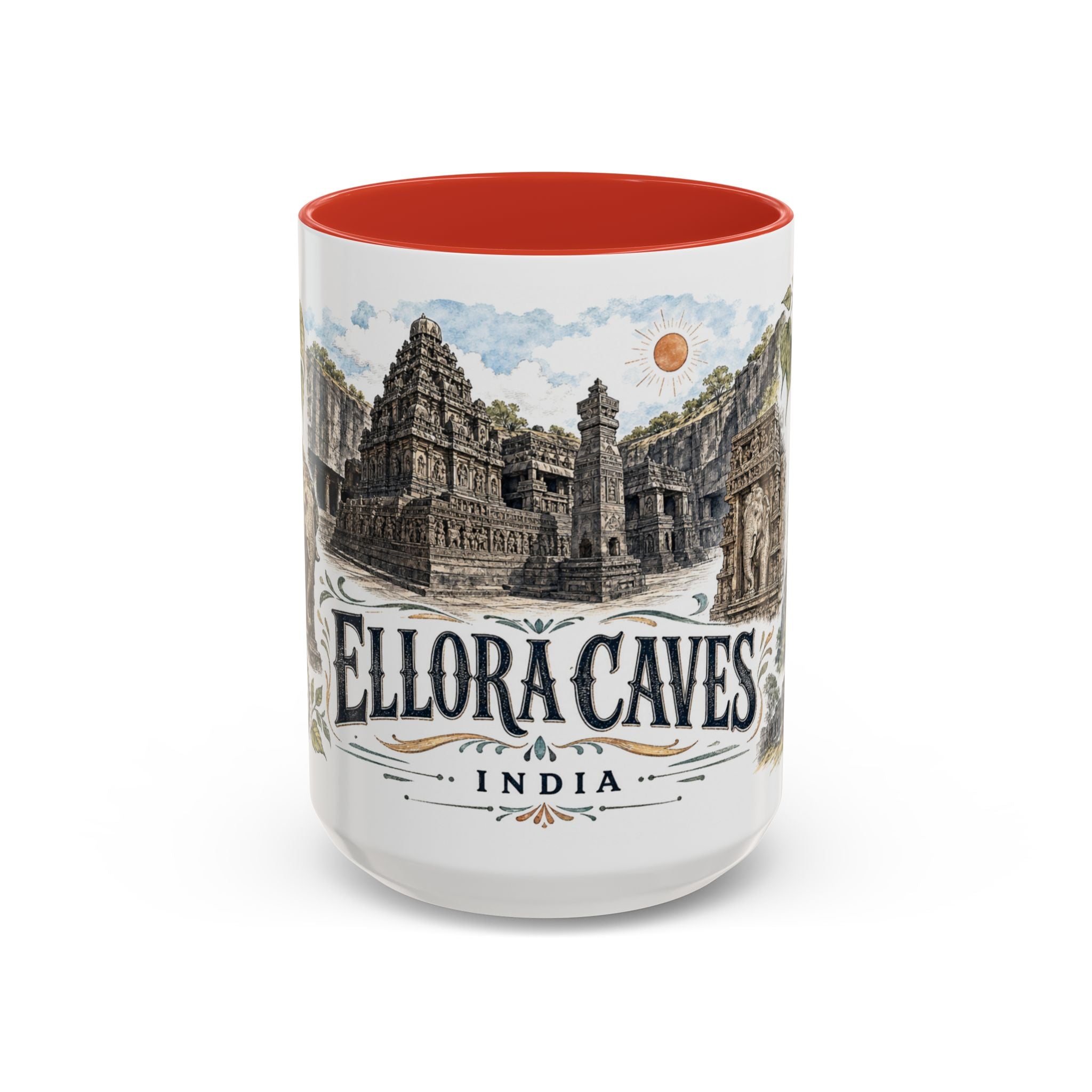 Ellora Caves Mug, India Travel Souvenir, Bucket List Gift, Accent Ceramic Coffee Mug 11oz 15oz