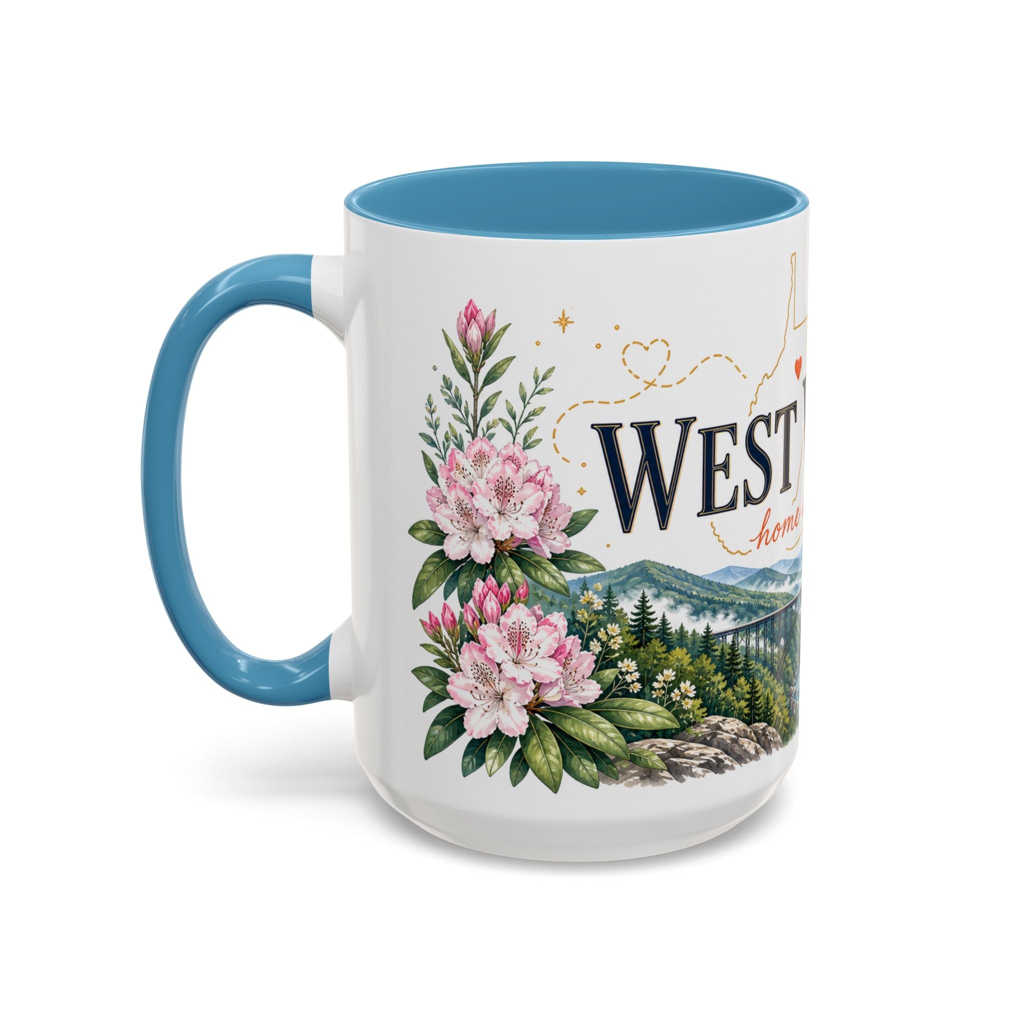 West Virginia State Map Mug | Appalachian Bridge, Rhododendron Accent Coffee Cup