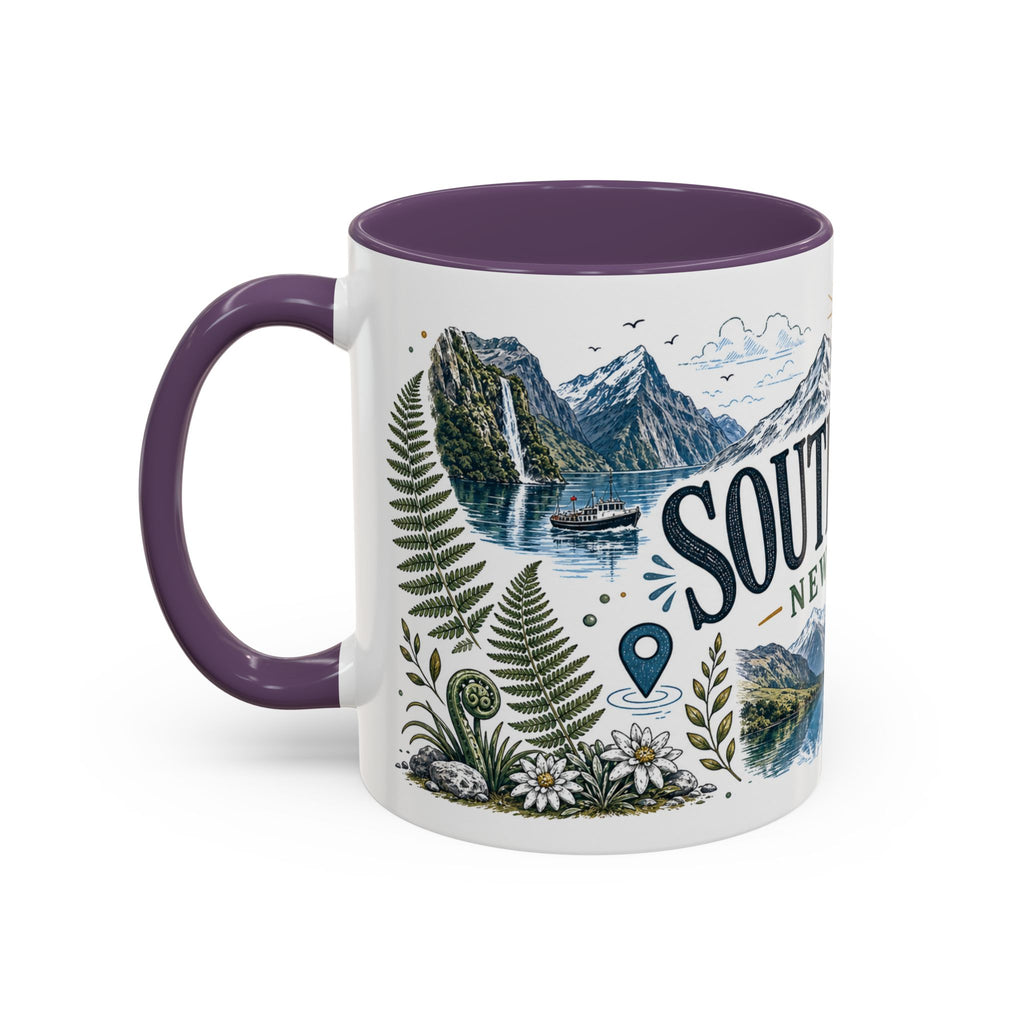 New Zealand South Island Coffee Mug | Travel Destination Souvenir Gift | Accent Color Ceramic 11oz 15oz