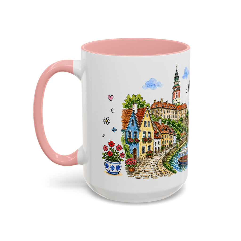 Cesky Krumlov Illustrated Travel Mug | Czechia Souvenir Accent Coffee Mug | 11oz 15oz Ceramic Cup