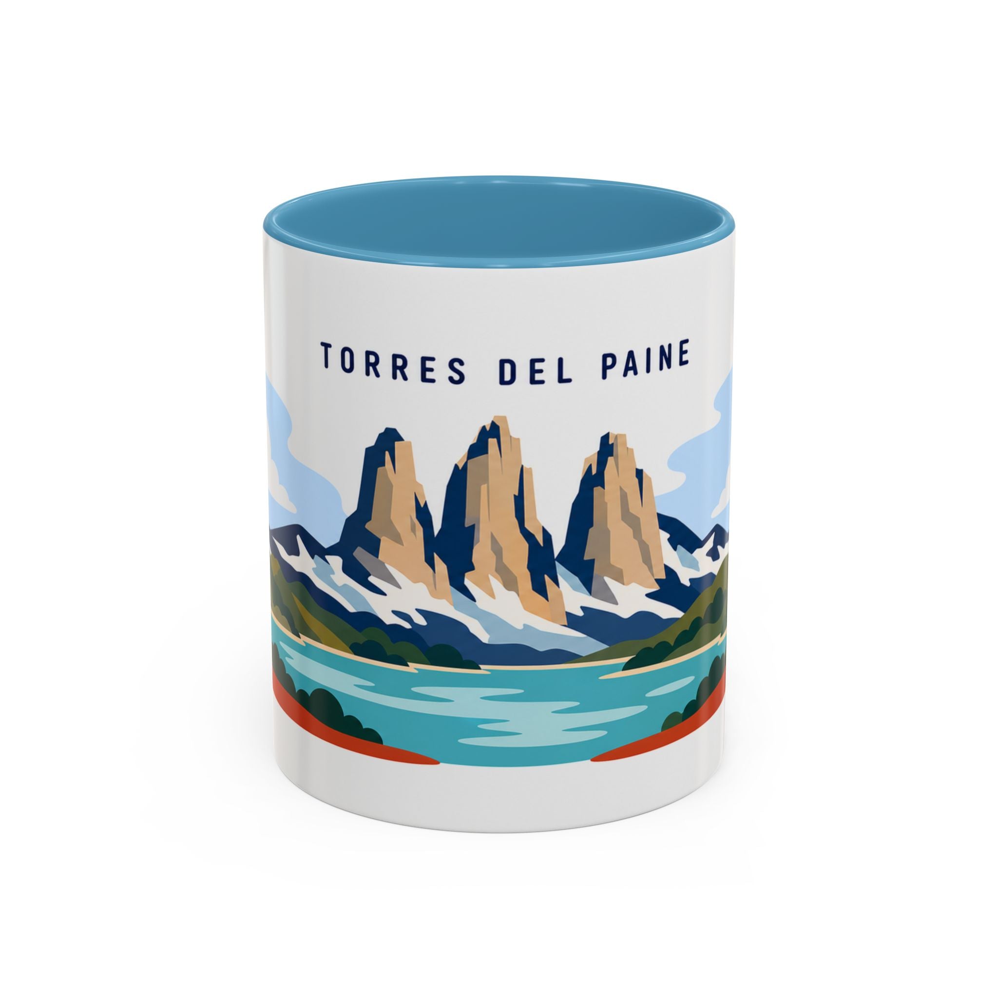 Torres del Paine Coffee Mug | Travel Destination Souvenir Gift | Accent Color Ceramic 11oz 15oz