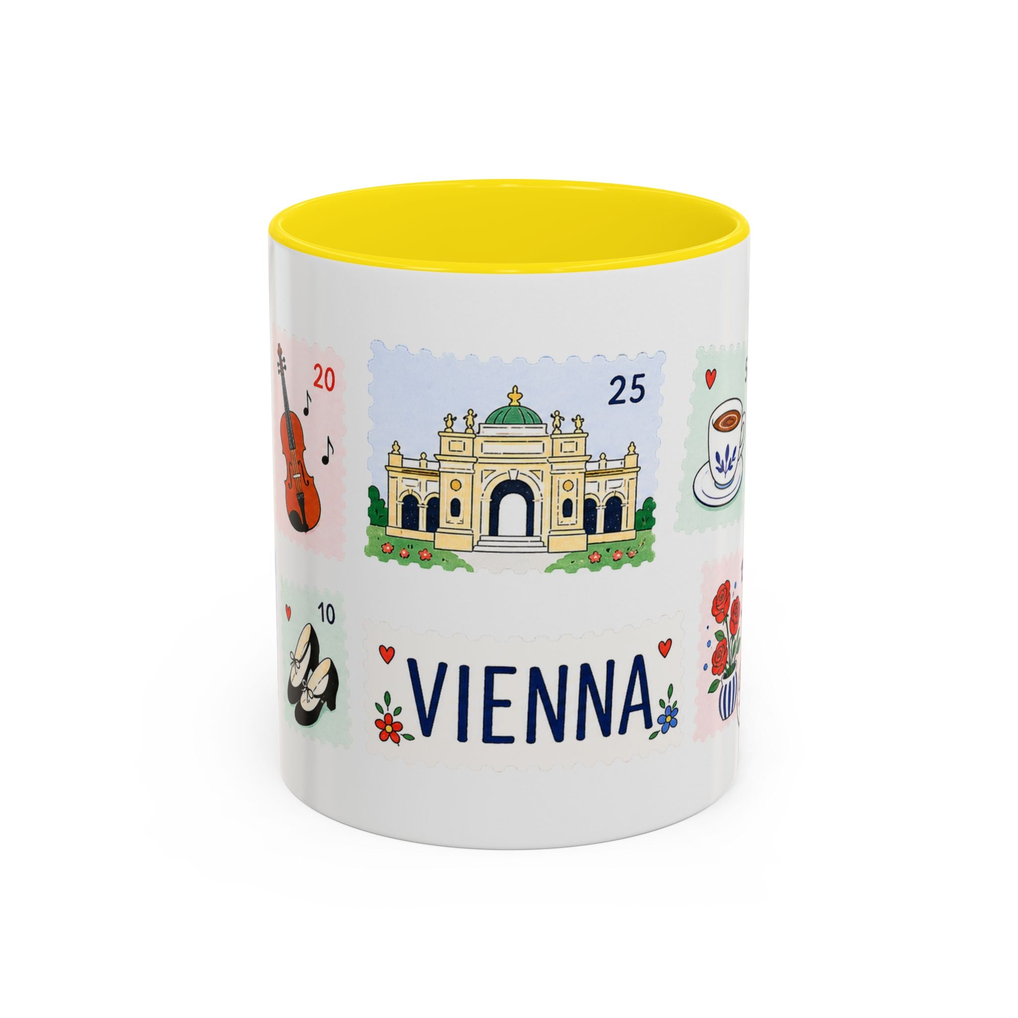 Vienna Coffee Mug | Postage Stamp Collage Mug | Travel Souvenir Accent Cup 11oz 15oz