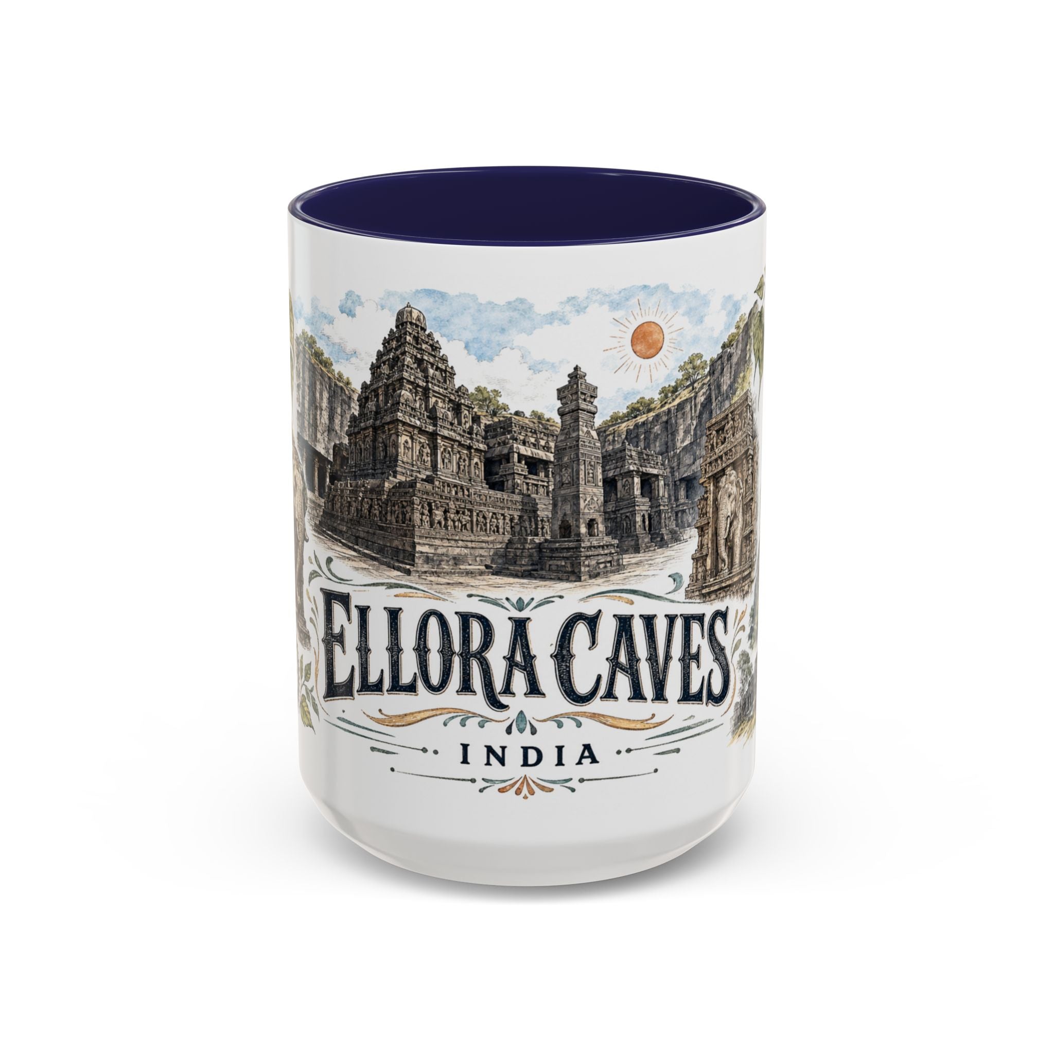 Ellora Caves Mug, India Travel Souvenir, Bucket List Gift, Accent Ceramic Coffee Mug 11oz 15oz