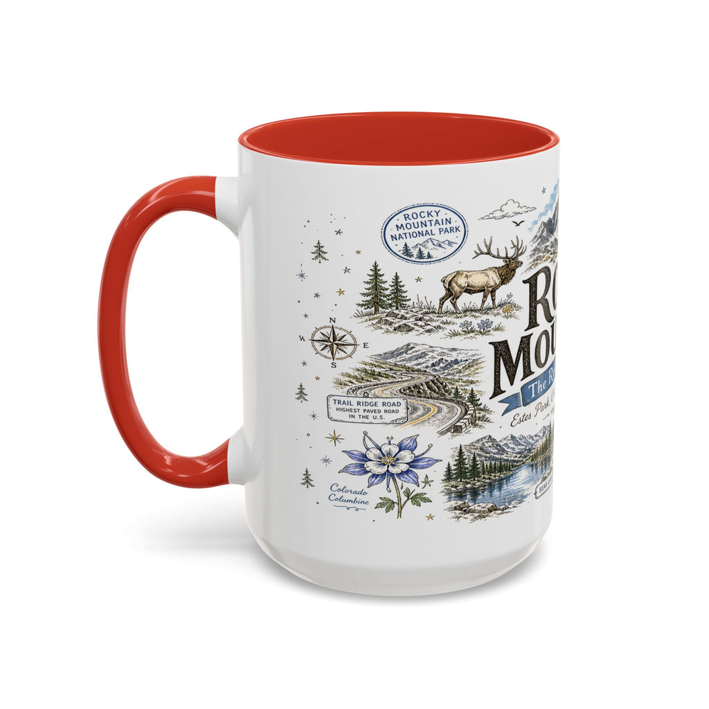 Rocky Mountain Coffee Mug | National Park Hiking Camping Gift | Accent Color Ceramic 11oz 15oz