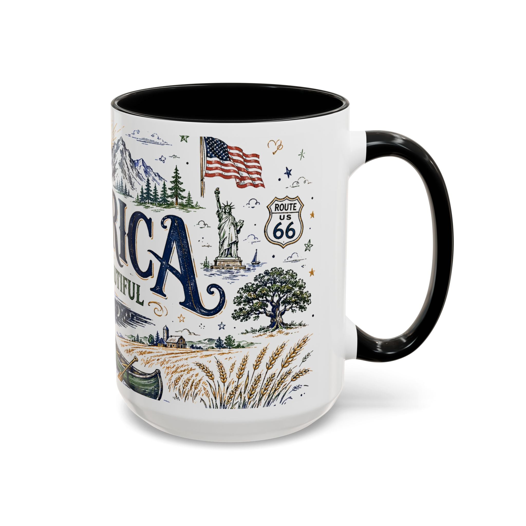 America the Beautiful Coffee Mug | Patriotic USA Gift | Accent Color Ceramic 11oz 15oz