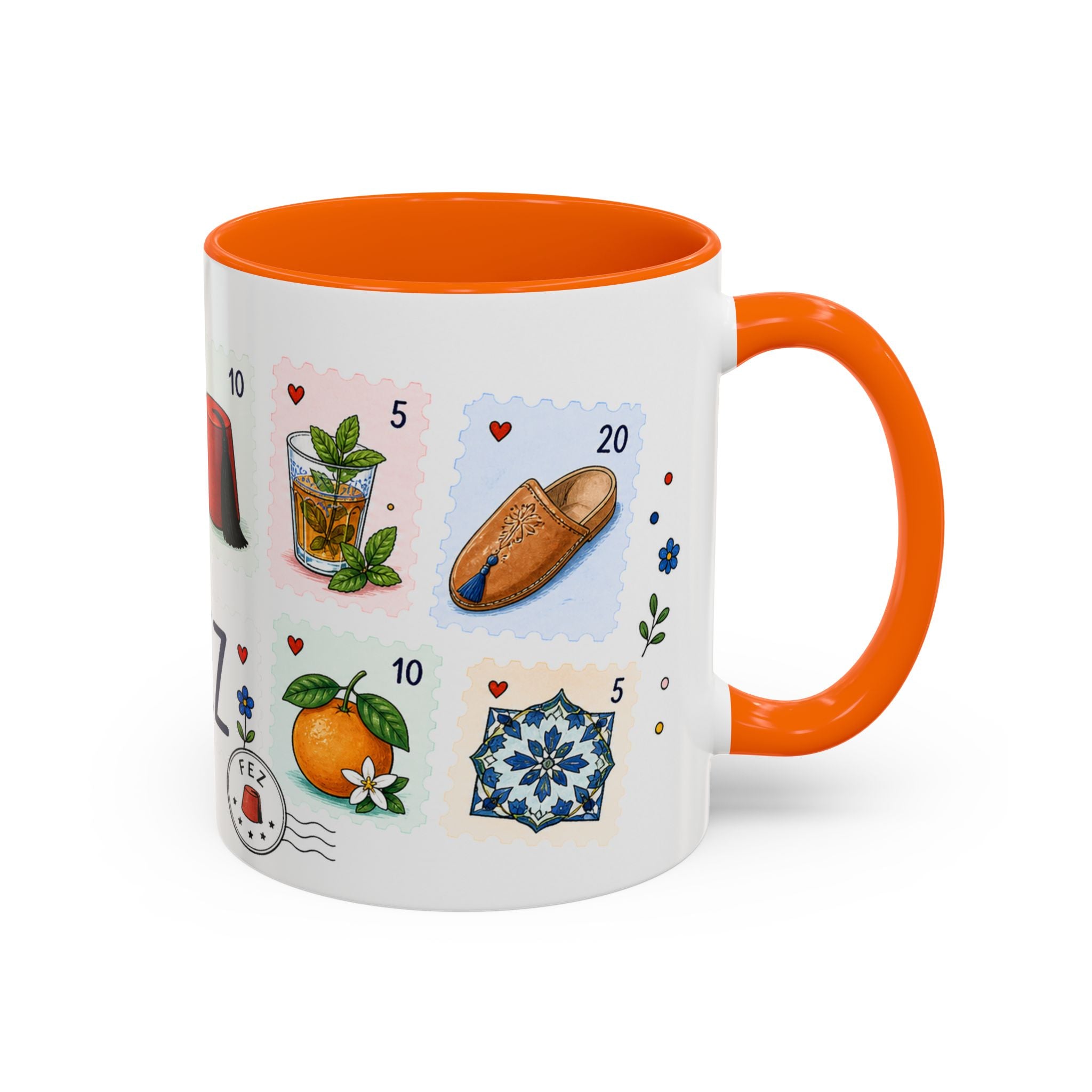 Fez Coffee Mug | Postage Stamp Collage Mug | Travel Souvenir Accent Cup 11oz 15oz