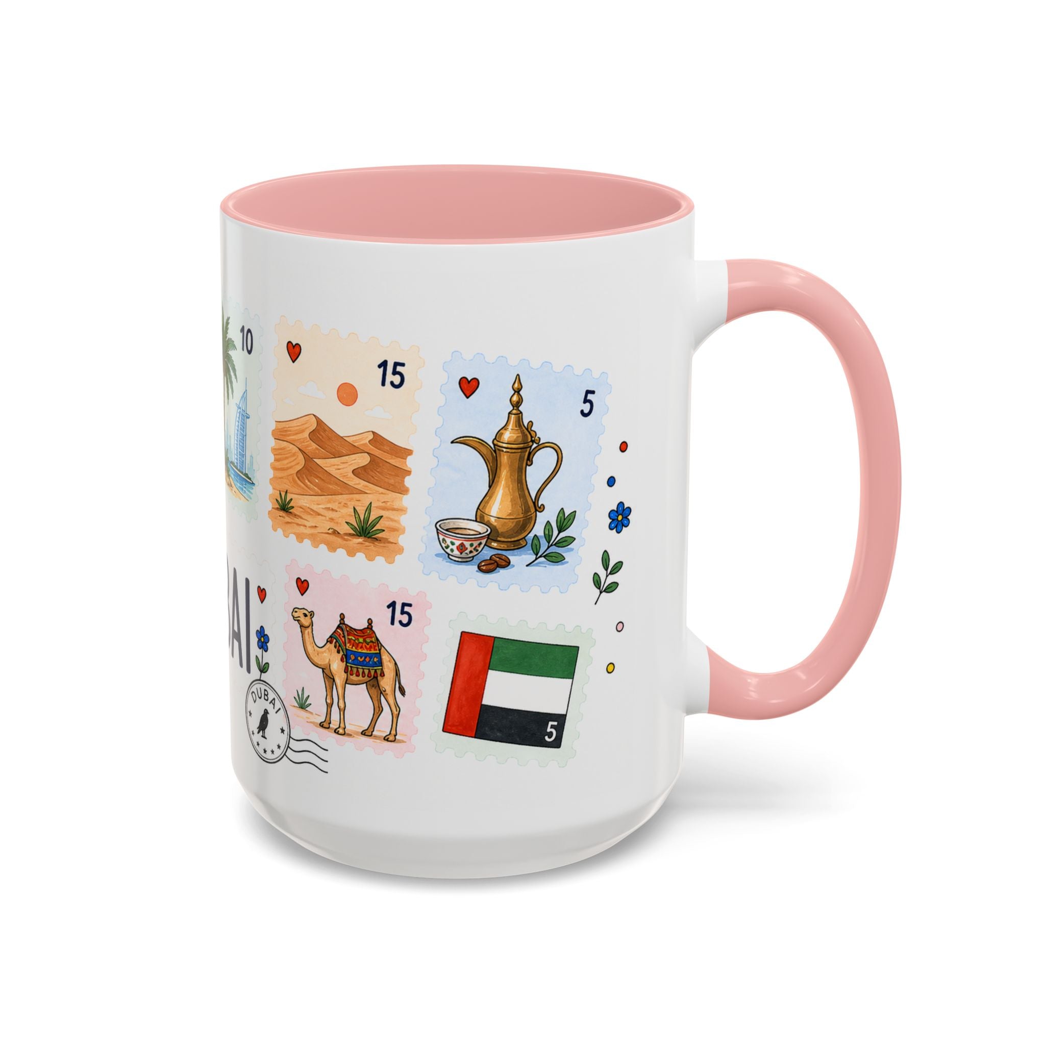 Dubai Coffee Mug | Postage Stamp Collage Mug | Travel Souvenir Accent Cup 11oz 15oz
