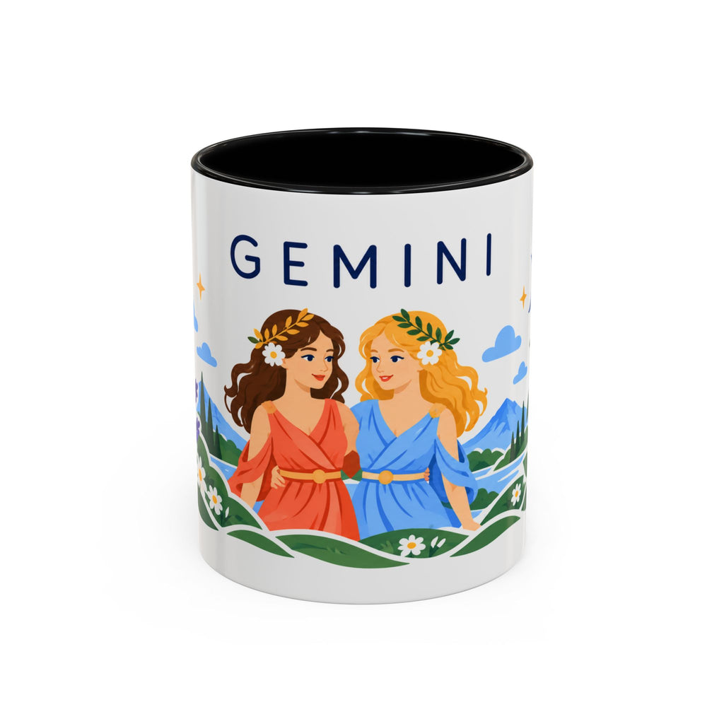 Gemini Zodiac Coffee Mug | Twins and Floral Design | Astrology Birthday Gift | 11 oz 15 oz Ceramic Accent Mug