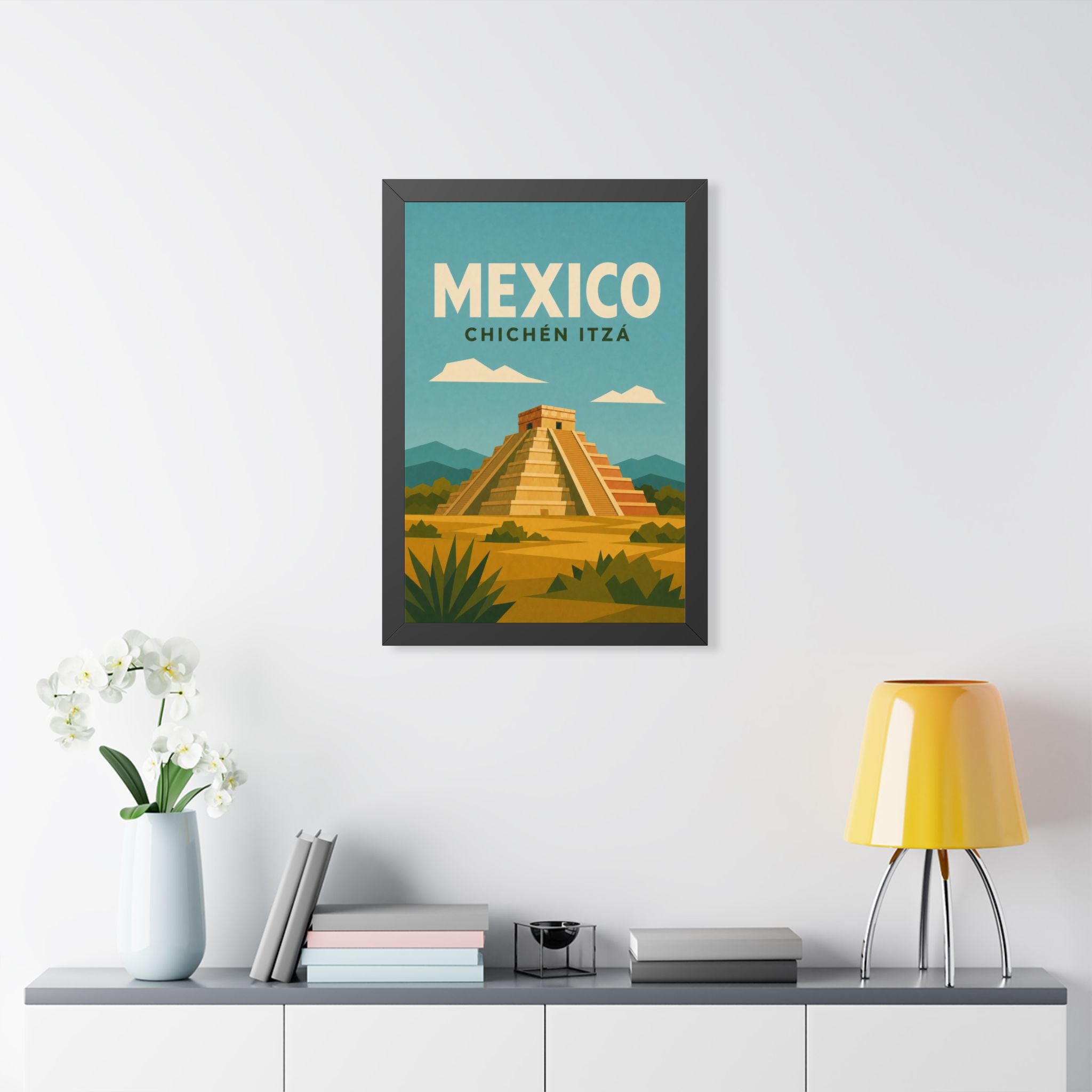 Chichén Itzá Mexico Framed Poster | Vintage Travel Wall Art | Black Walnut White Frame | 16x24 20x30