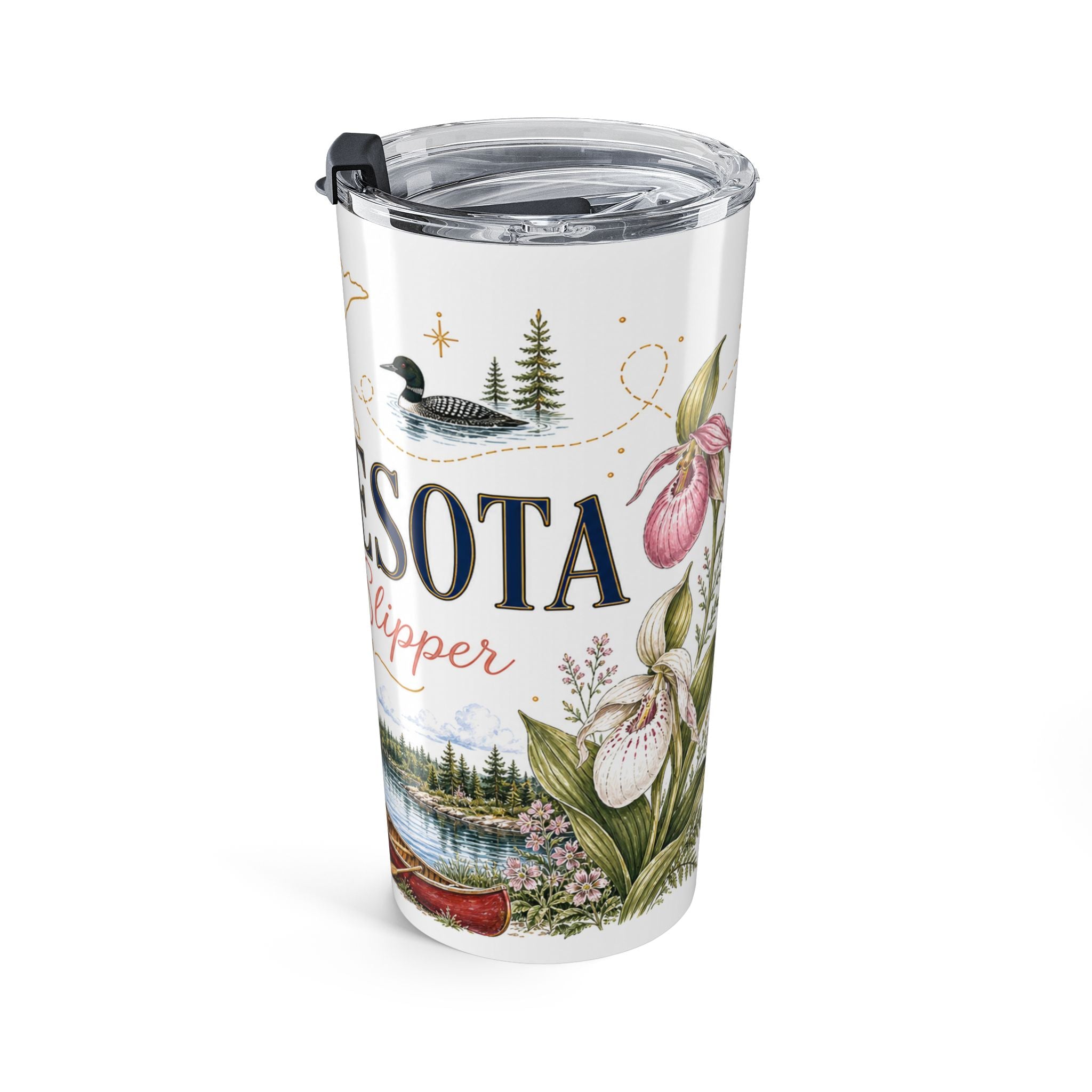 Minnesota State Flower 20oz Tumbler | Pink and White Lady Slipper Botanical State Flower Gift | Insulated Stainless Steel Travel Cup