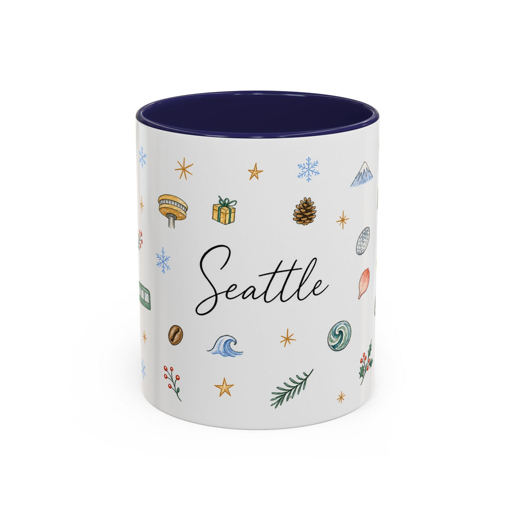 Seattle Christmas Mug | Watercolor Travel Souvenir | Holiday Gift | Accent Ceramic Coffee Cup 11oz 15oz