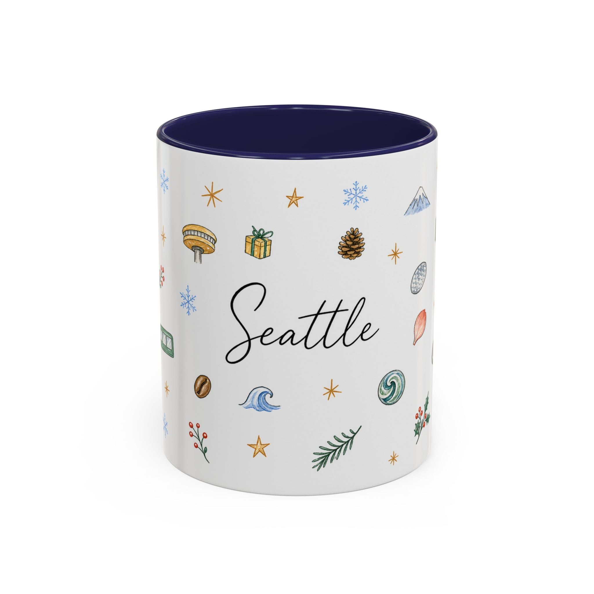 Seattle Christmas Mug | Watercolor Travel Souvenir | Holiday Gift | Accent Ceramic Coffee Cup 11oz 15oz