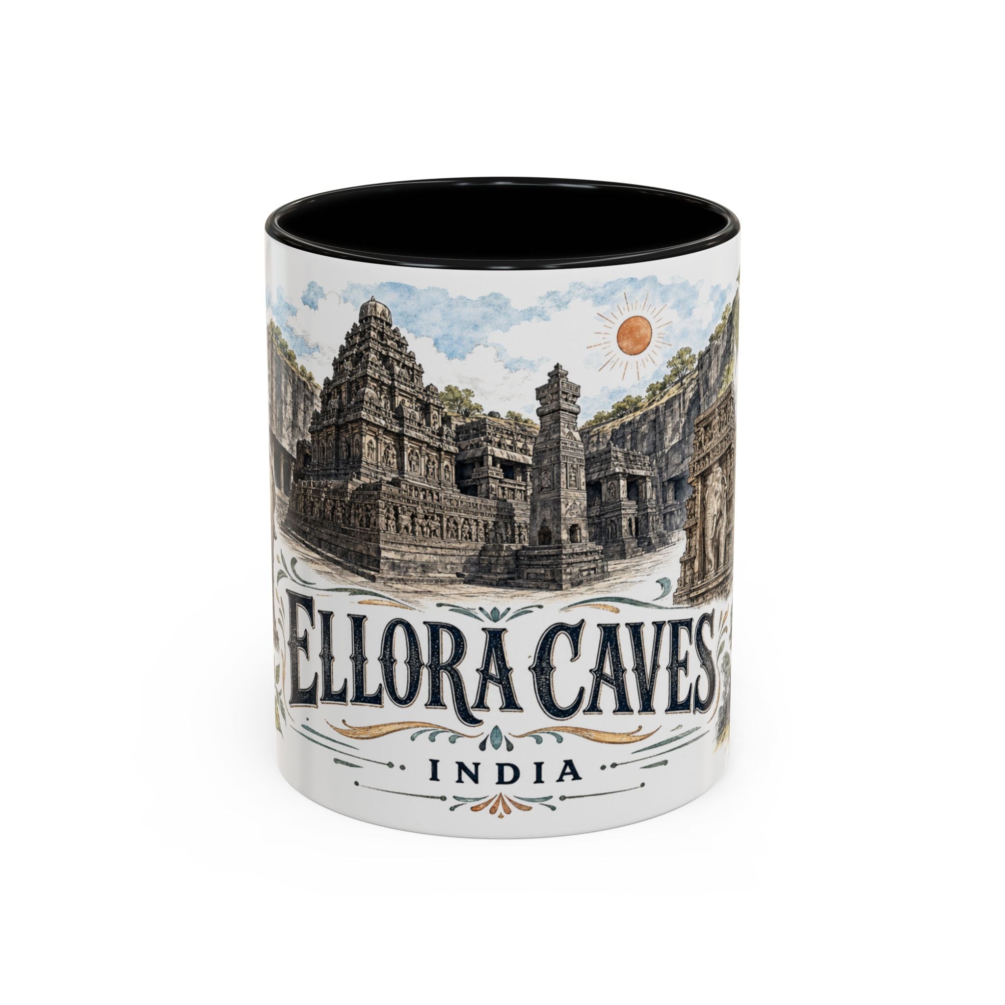 Ellora Caves Mug, India Travel Souvenir, Bucket List Gift, Accent Ceramic Coffee Mug 11oz 15oz