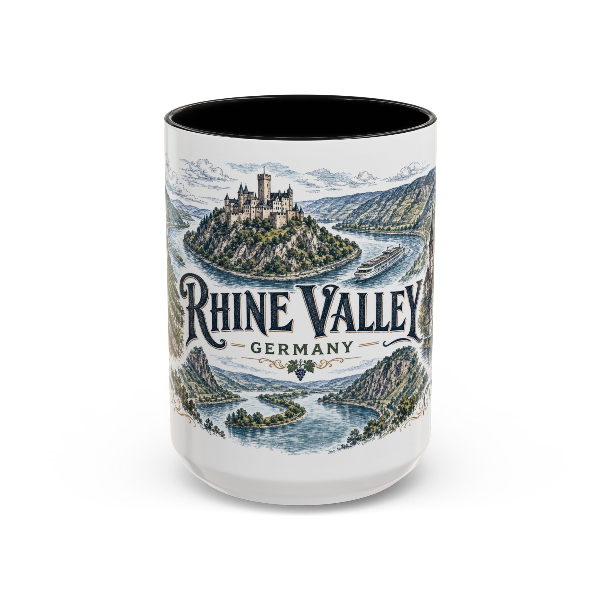 Rhine Valley Mug, Germany Travel Souvenir, Bucket List Gift, Accent Ceramic Coffee Mug 11oz 15oz