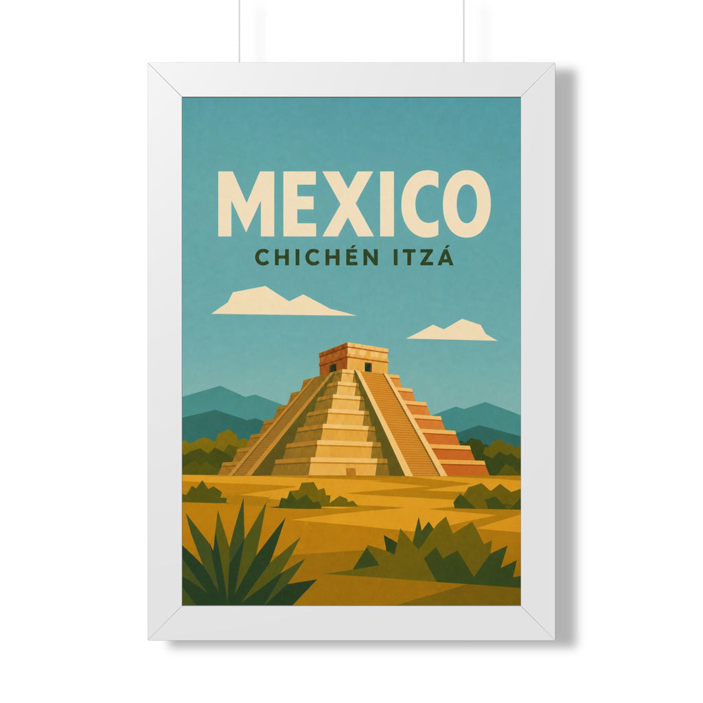 Chichén Itzá Mexico Framed Poster | Vintage Travel Wall Art | Black Walnut White Frame | 16x24 20x30