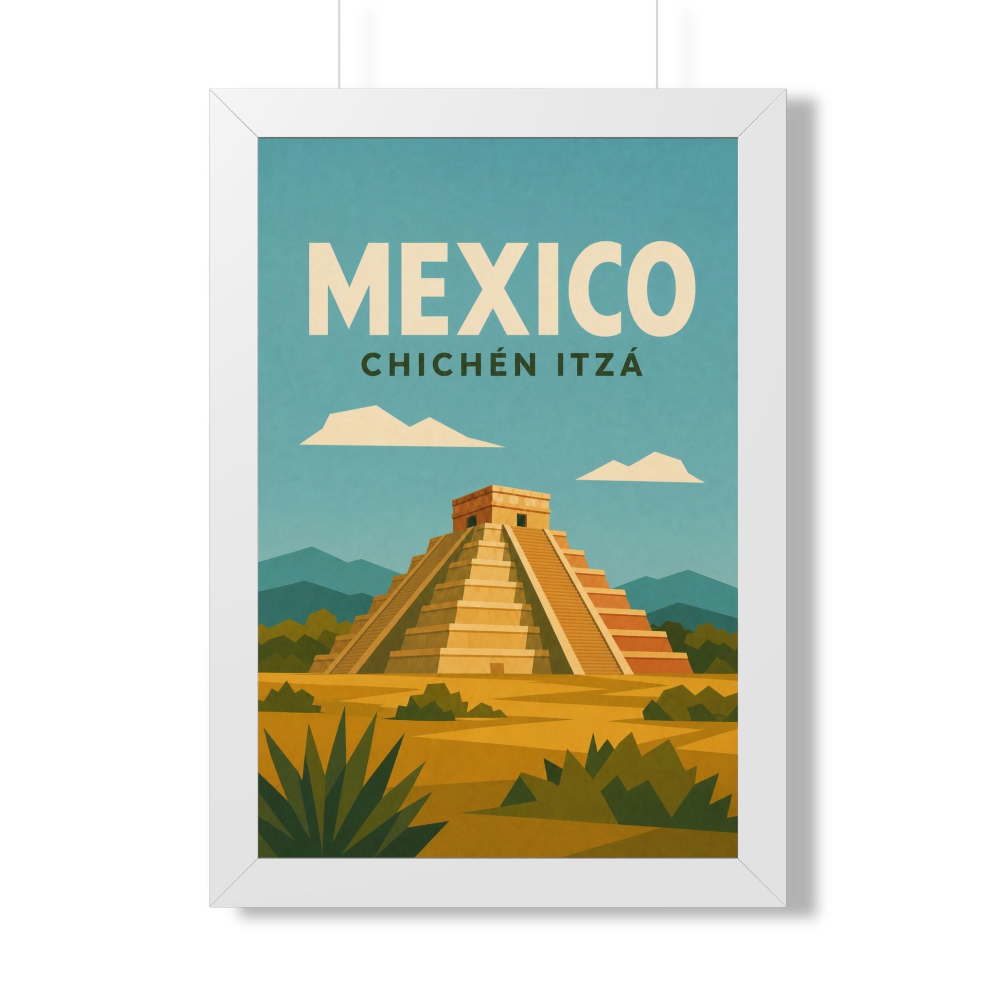 Chichén Itzá Mexico Framed Poster | Vintage Travel Wall Art | Black Walnut White Frame | 16x24 20x30