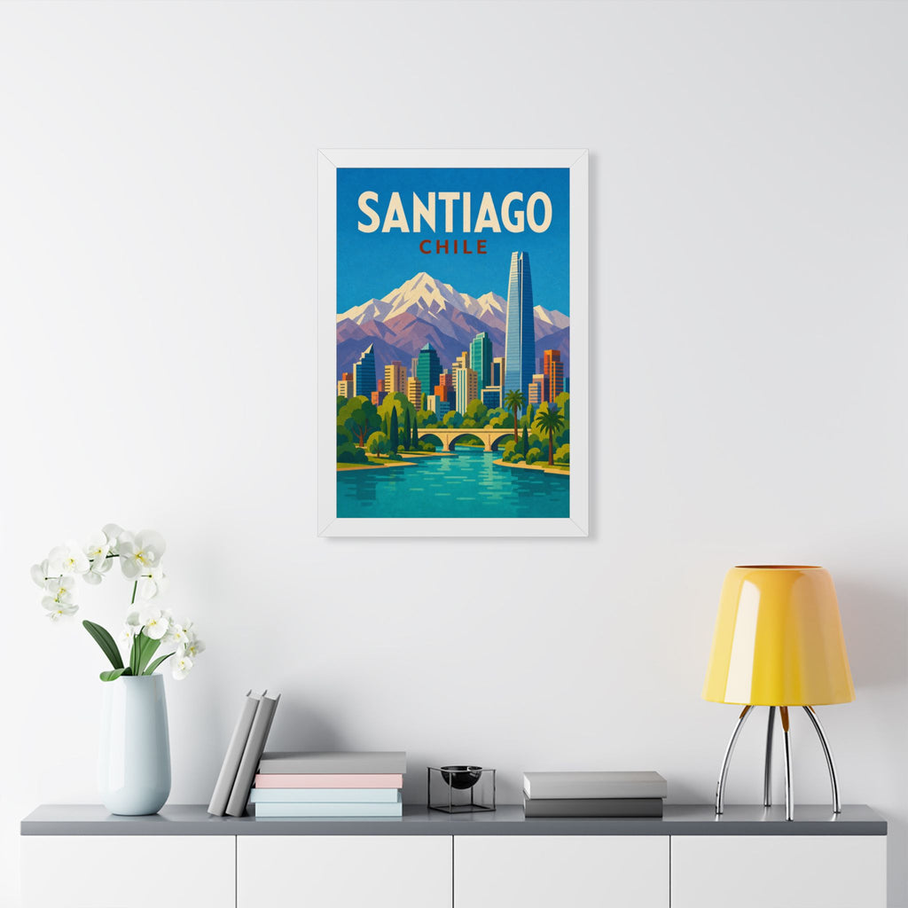Santiago Chile Framed Poster | Vintage Travel Wall Art | Black Walnut White Frame | 16x24 20x30