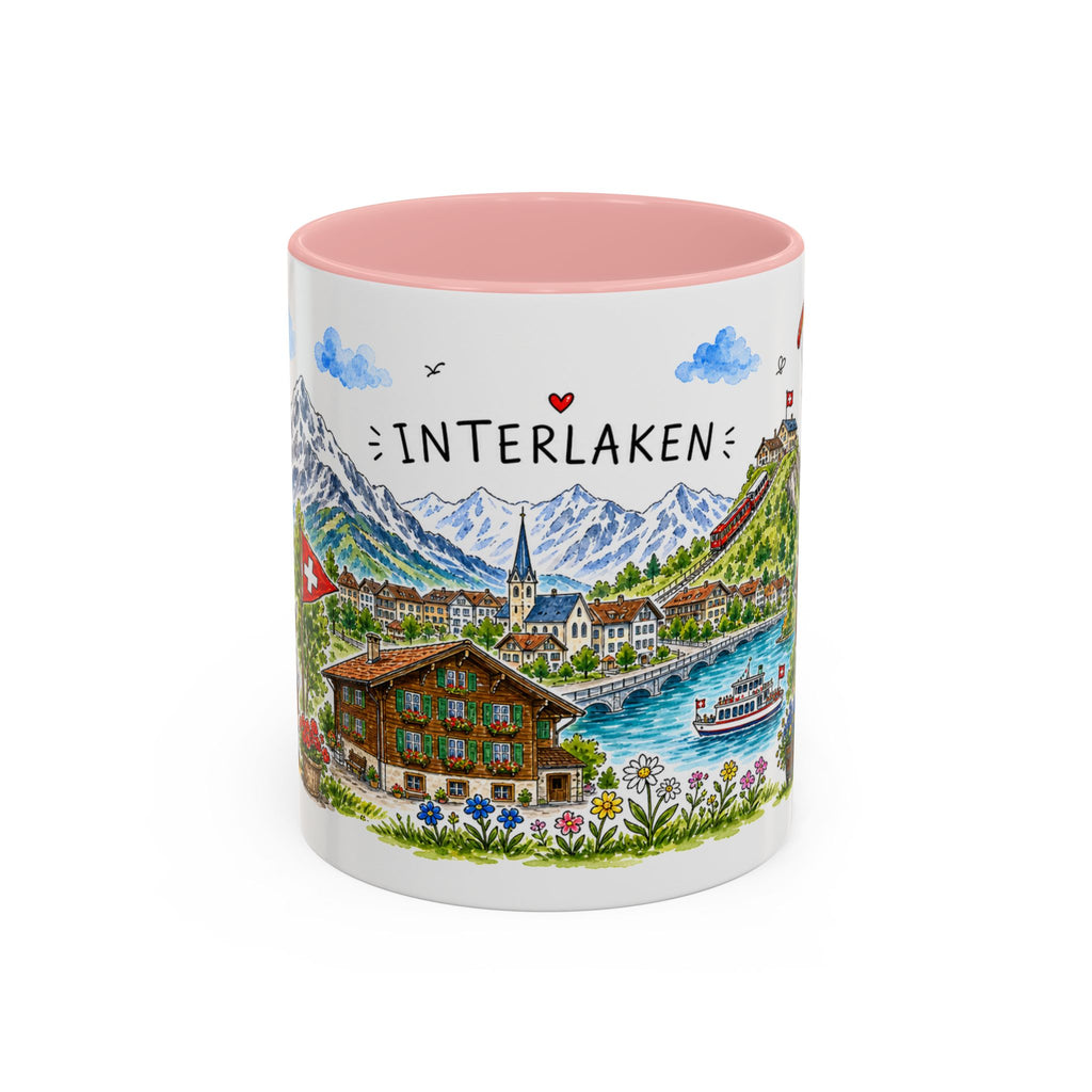 Interlaken Illustrated Travel Mug | Switzerland Souvenir Accent Coffee Mug | 11oz 15oz Ceramic Cup