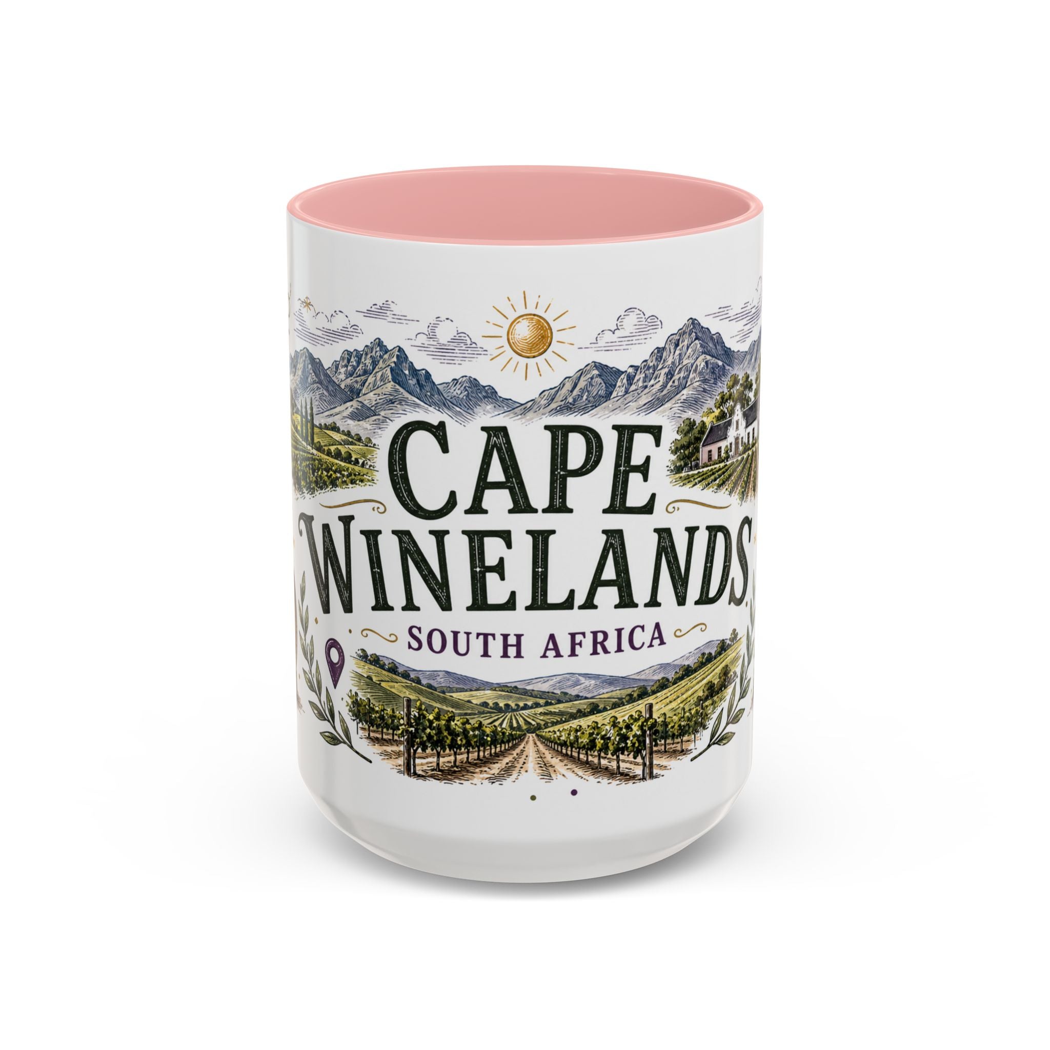 Cape Winelands Coffee Mug | Travel Destination Souvenir Gift | Accent Color Ceramic 11oz 15oz