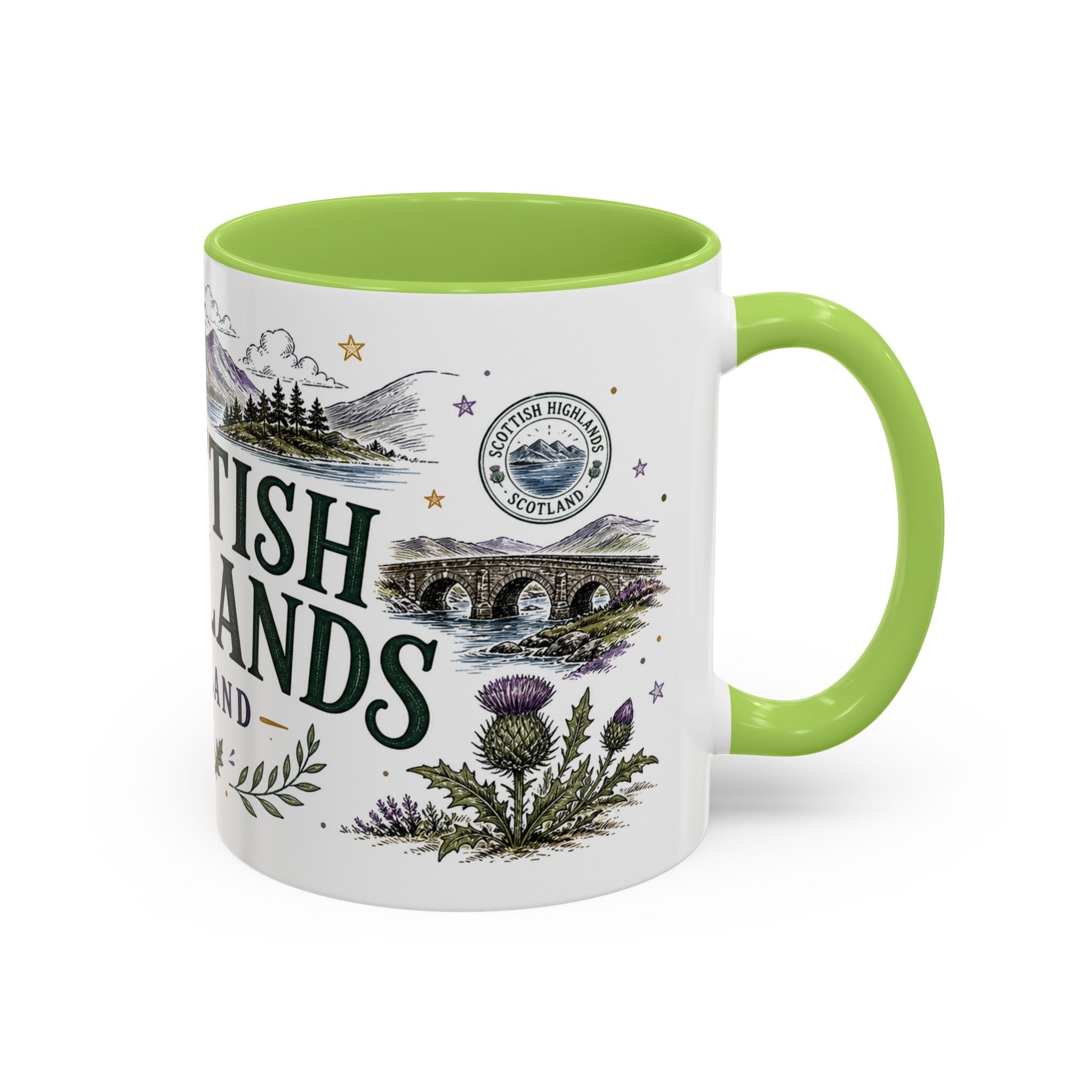 Scottish Highlands Coffee Mug | Travel Destination Souvenir Gift | Accent Color Ceramic 11oz 15oz
