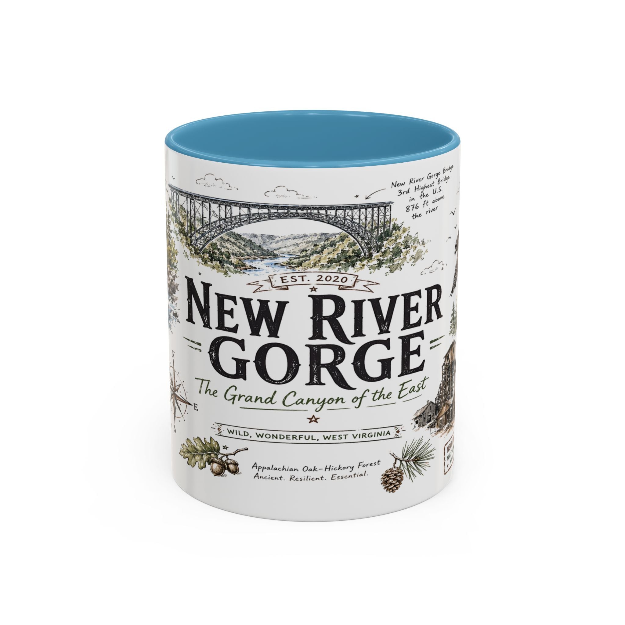 New River Gorge National Park Coffee Mug | West Virginia River Canyon Climbing Gift | Accent Color Ceramic 11oz 15oz
