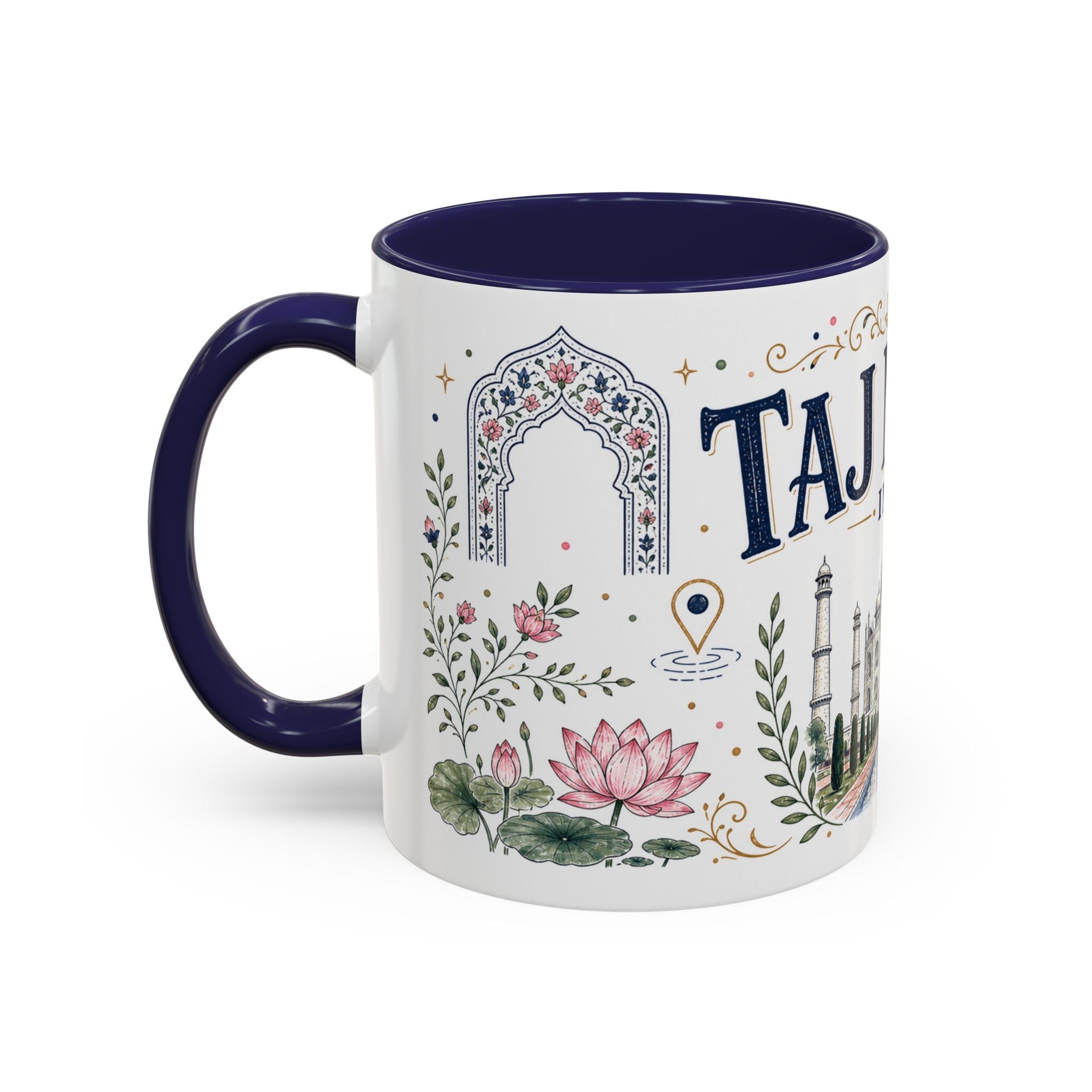 Taj Mahal Coffee Mug | Travel Destination Souvenir Gift | Accent Color Ceramic 11oz 15oz