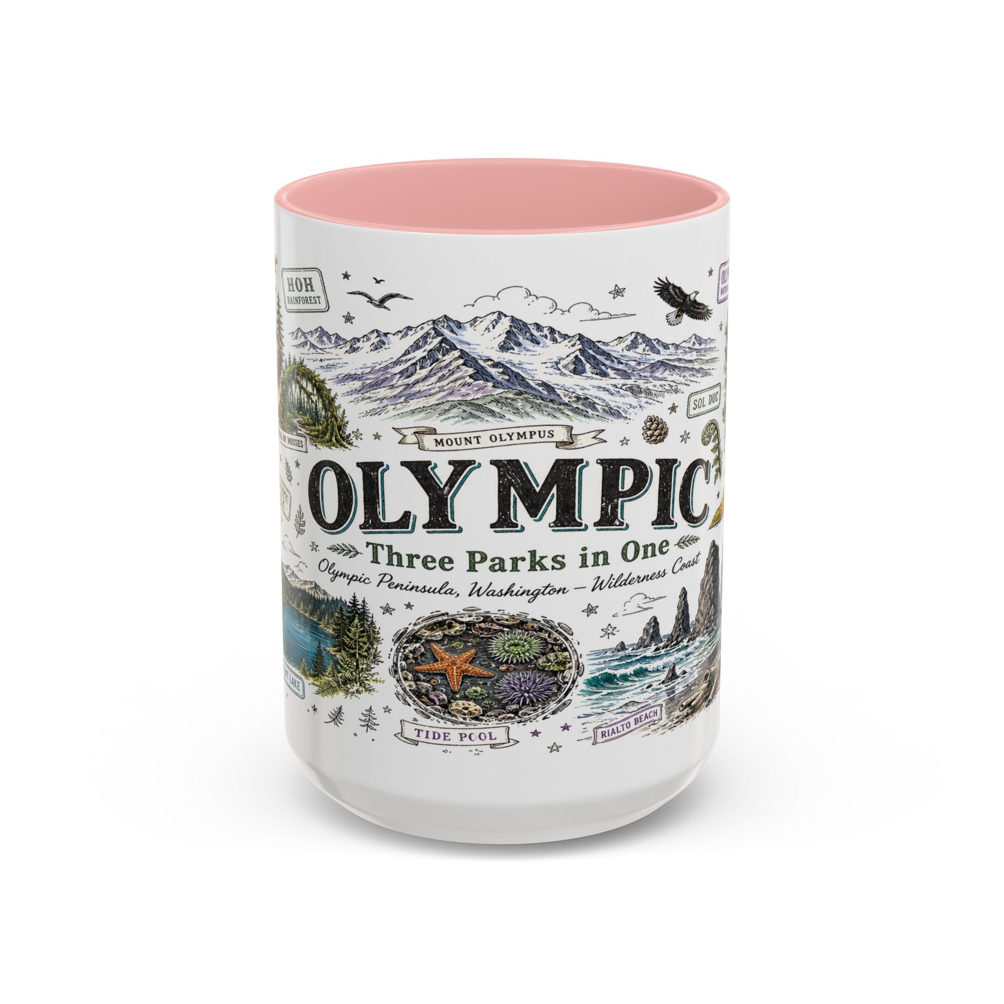 Olympic Coffee Mug | National Park Hiking Rainforest Gift | Accent Color Ceramic 11oz 15oz