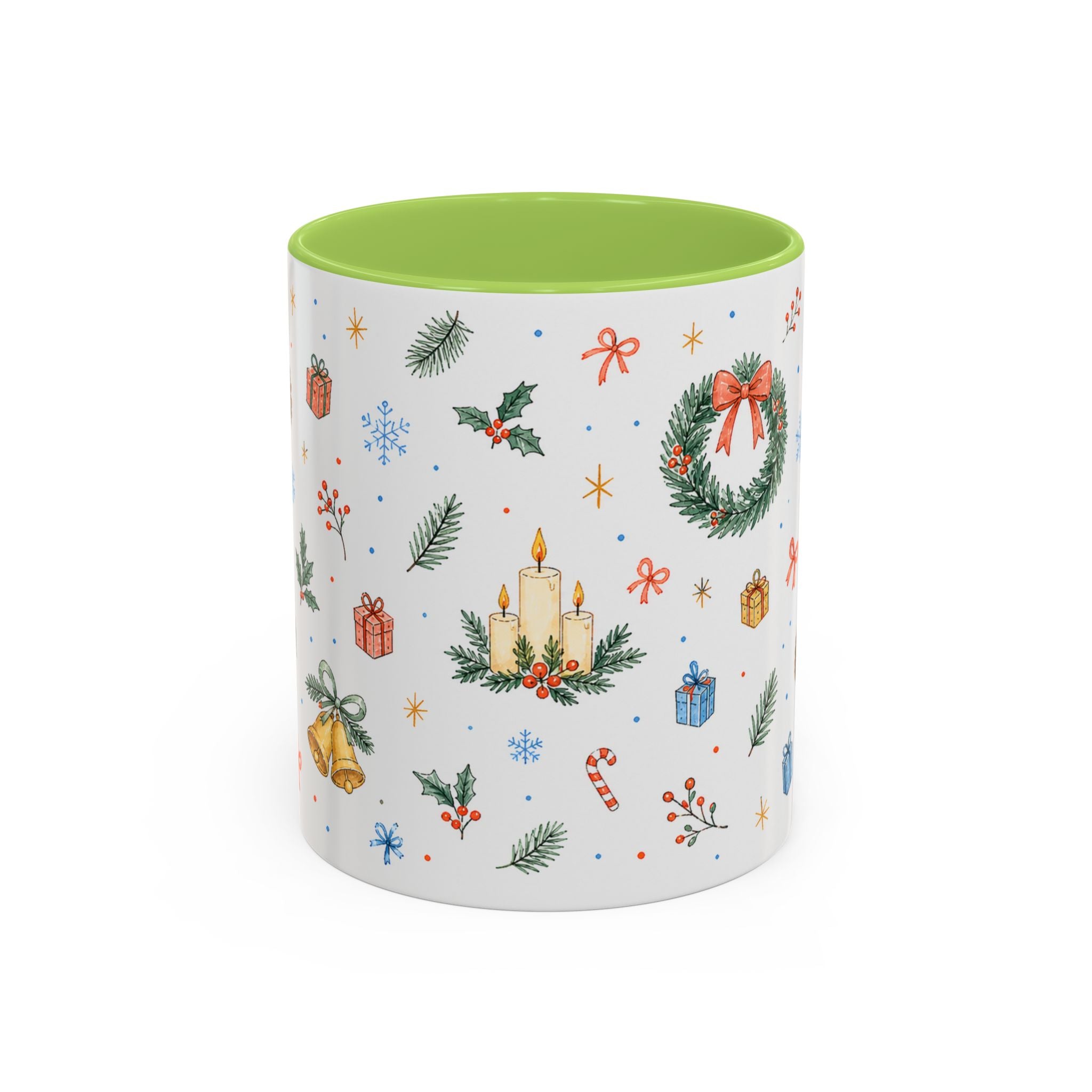 Christmas Candle Mug | Holly Wreath Watercolor Holiday Gift | Accent Cup 11oz 15oz