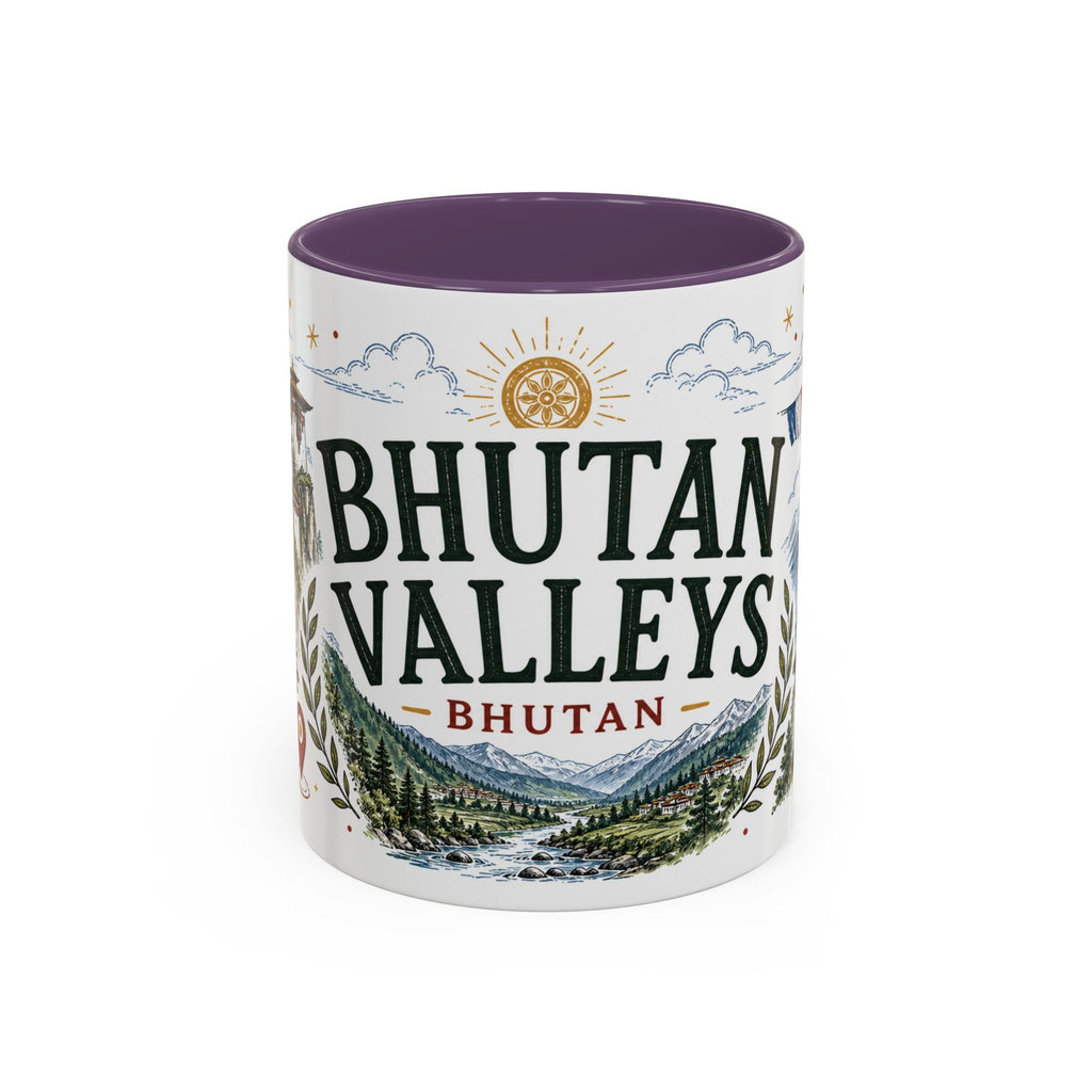 Bhutan Valleys Coffee Mug | Travel Destination Souvenir Gift | Accent Color Ceramic 11oz 15oz